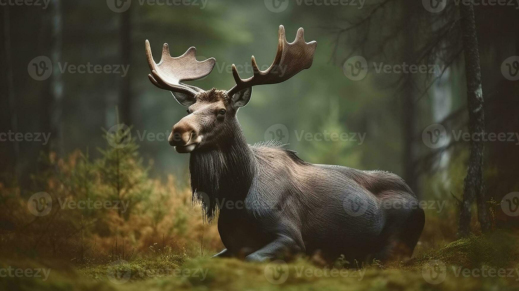 Beautiful animal in the nature habitat. Elk or Moose, Alces alces in the dark forest during rainy day. Generative AI photo