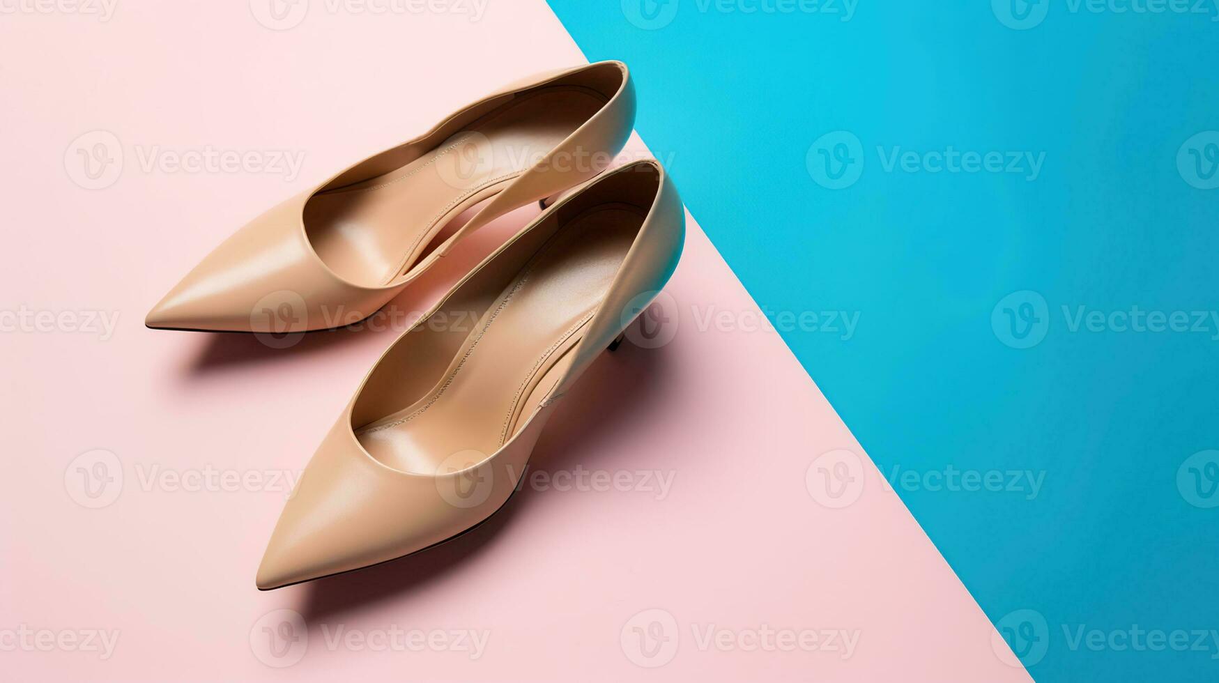 Stylish classic womens beige leather shoes with medium high heels, on blue multi-colored paper background. Copy space, flat lay. Shoe sale, clearance ad concept. AI Generative photo