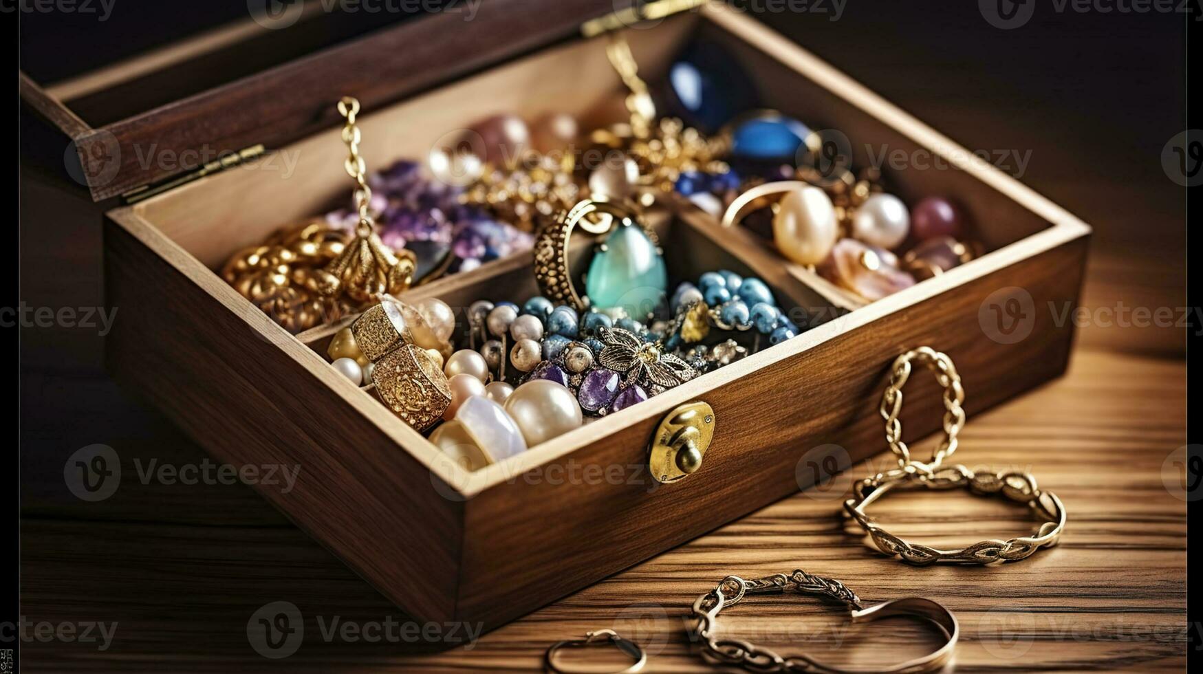 Collection of bijouterie in jewelry box. AI Generative photo