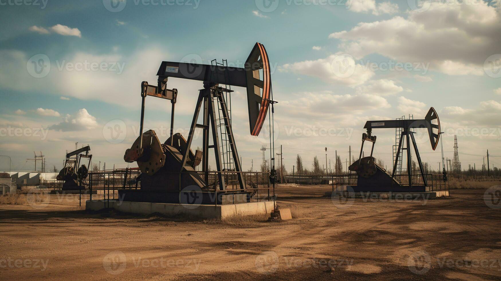 Oil drilling derricks at desert oilfield for fossil fuels output and crude oil production from the ground. Oil drill rig and pump jack background, generative ai photo