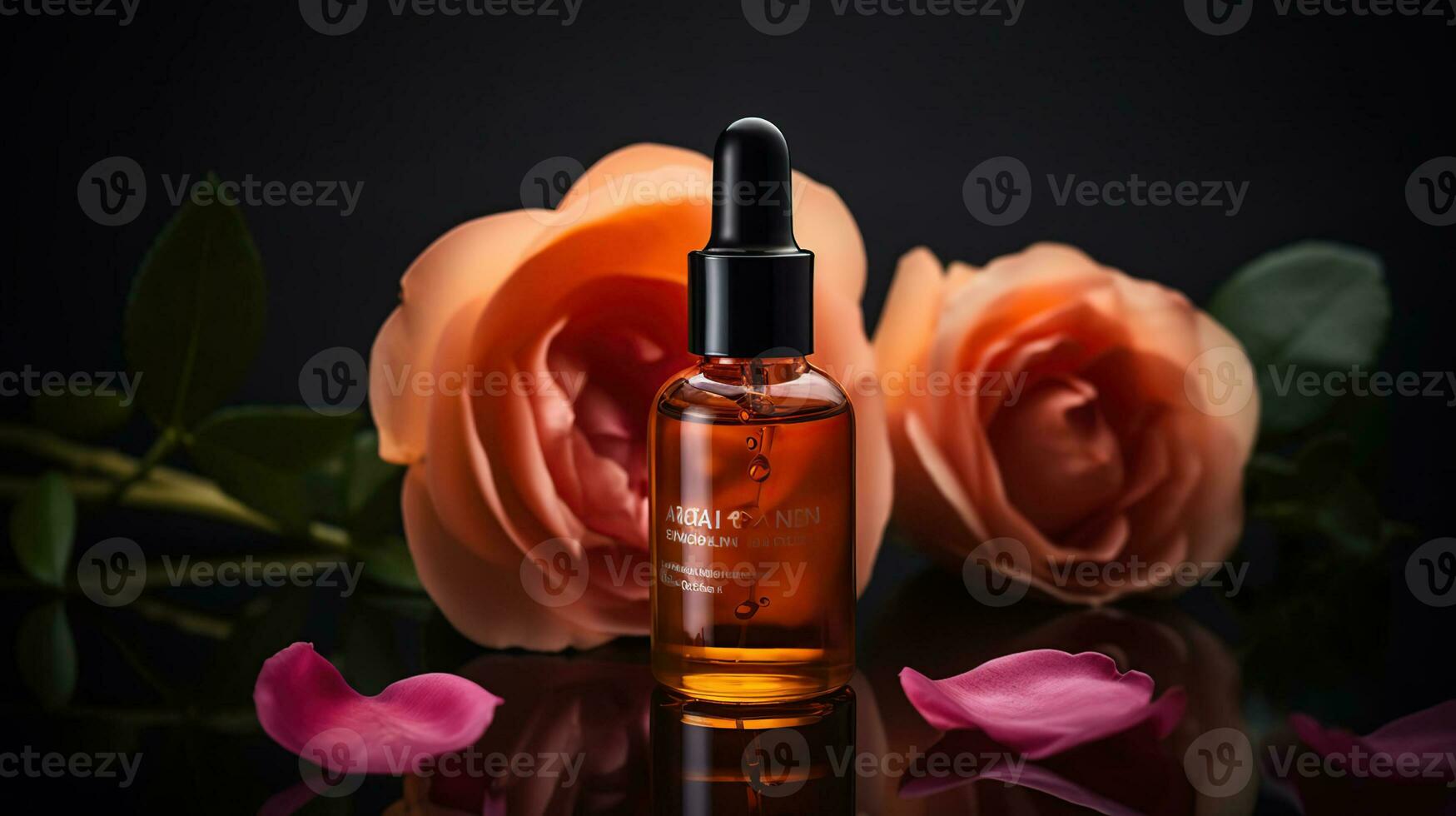 Bottle of vitamin C serum and rose flower in water on color background, AI Generative photo