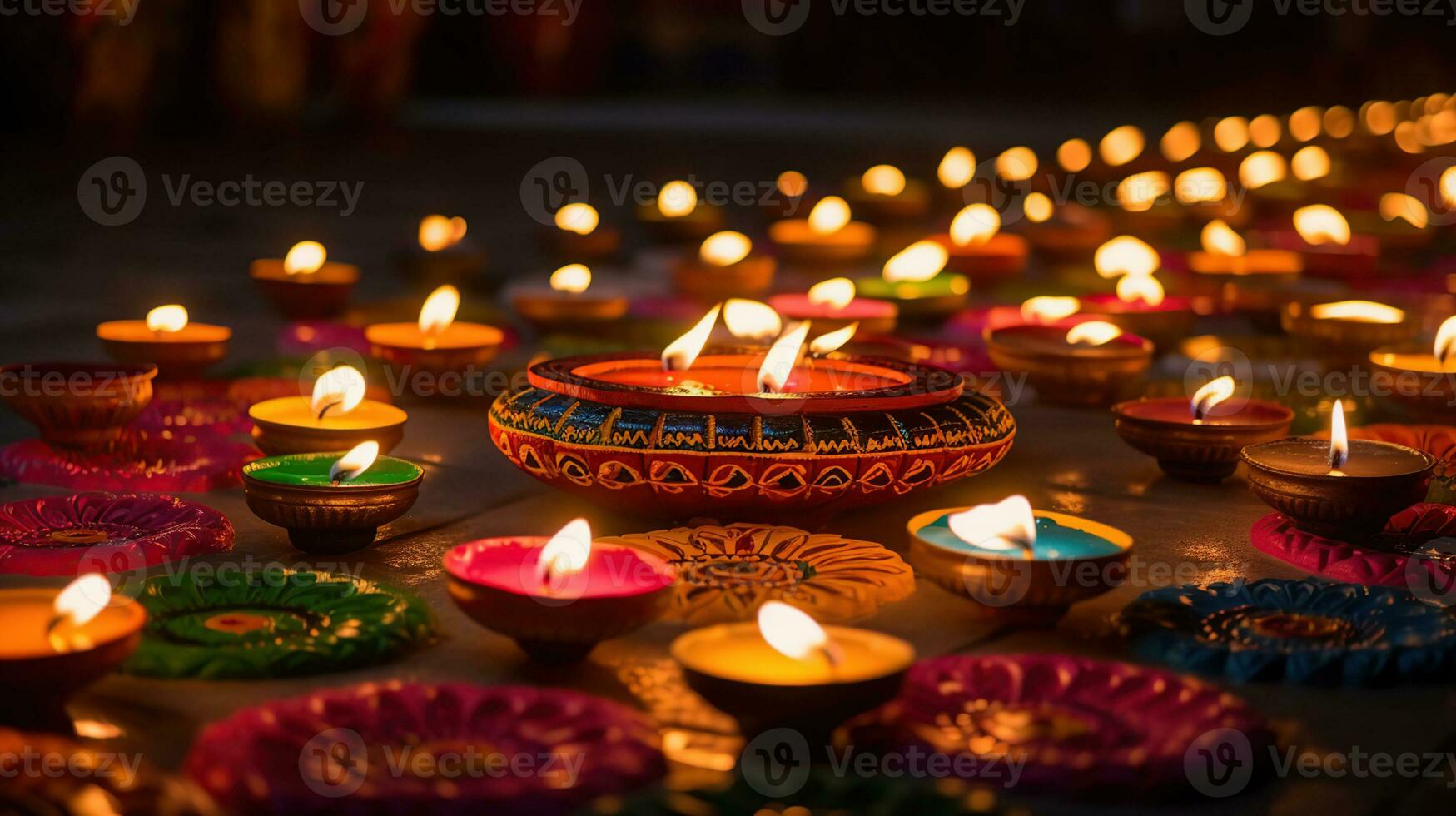 Traditional diya lamps lit during diwali celebration, generative ai photo