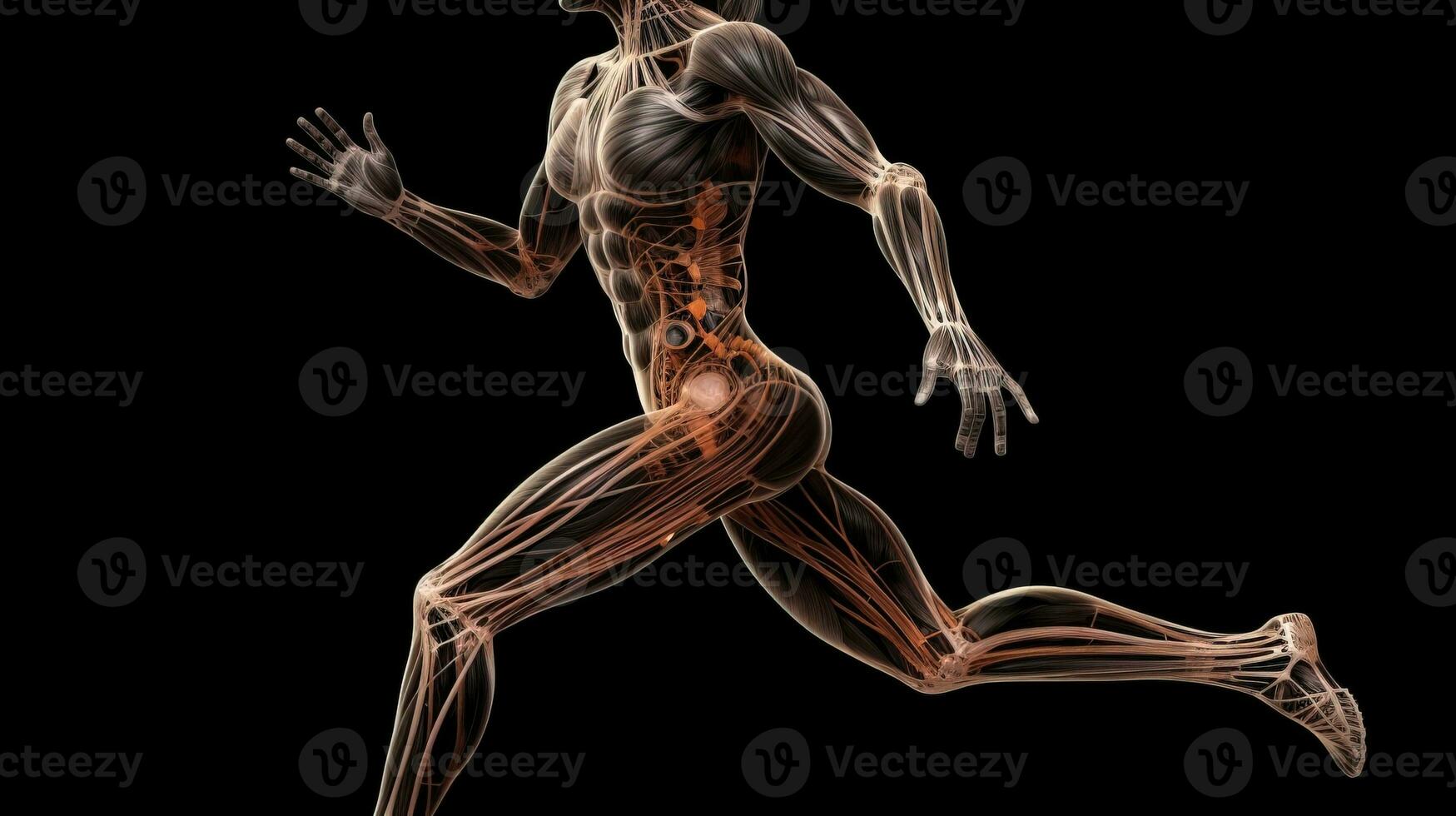 Anatomical structure of muscular system of human body, dark background. AI generated. photo