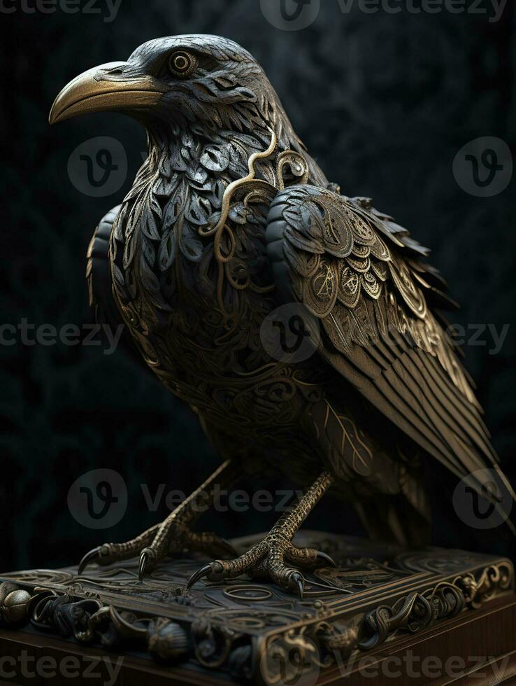 Gorgeous Raven statue with golden filigree, epic, Generative AI photo