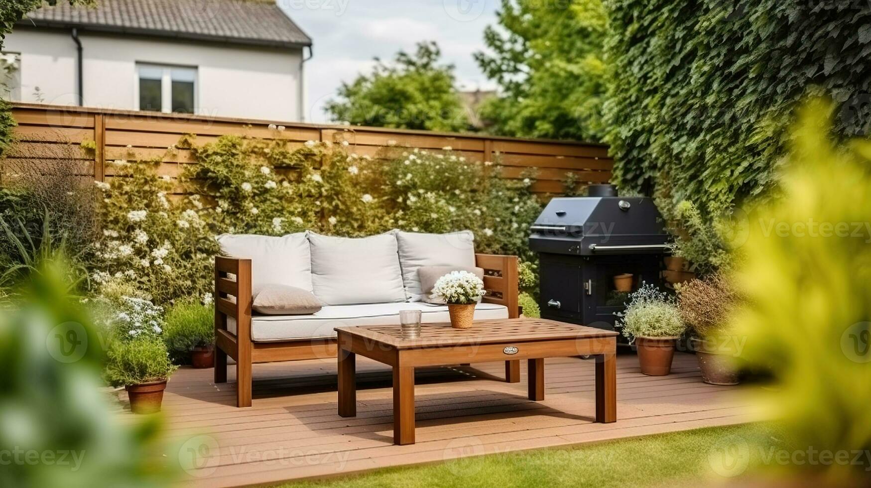 Cozy wooden table and soft sofa and grill placed in backyard with green garden near contemporary residential building, Generative AI photo