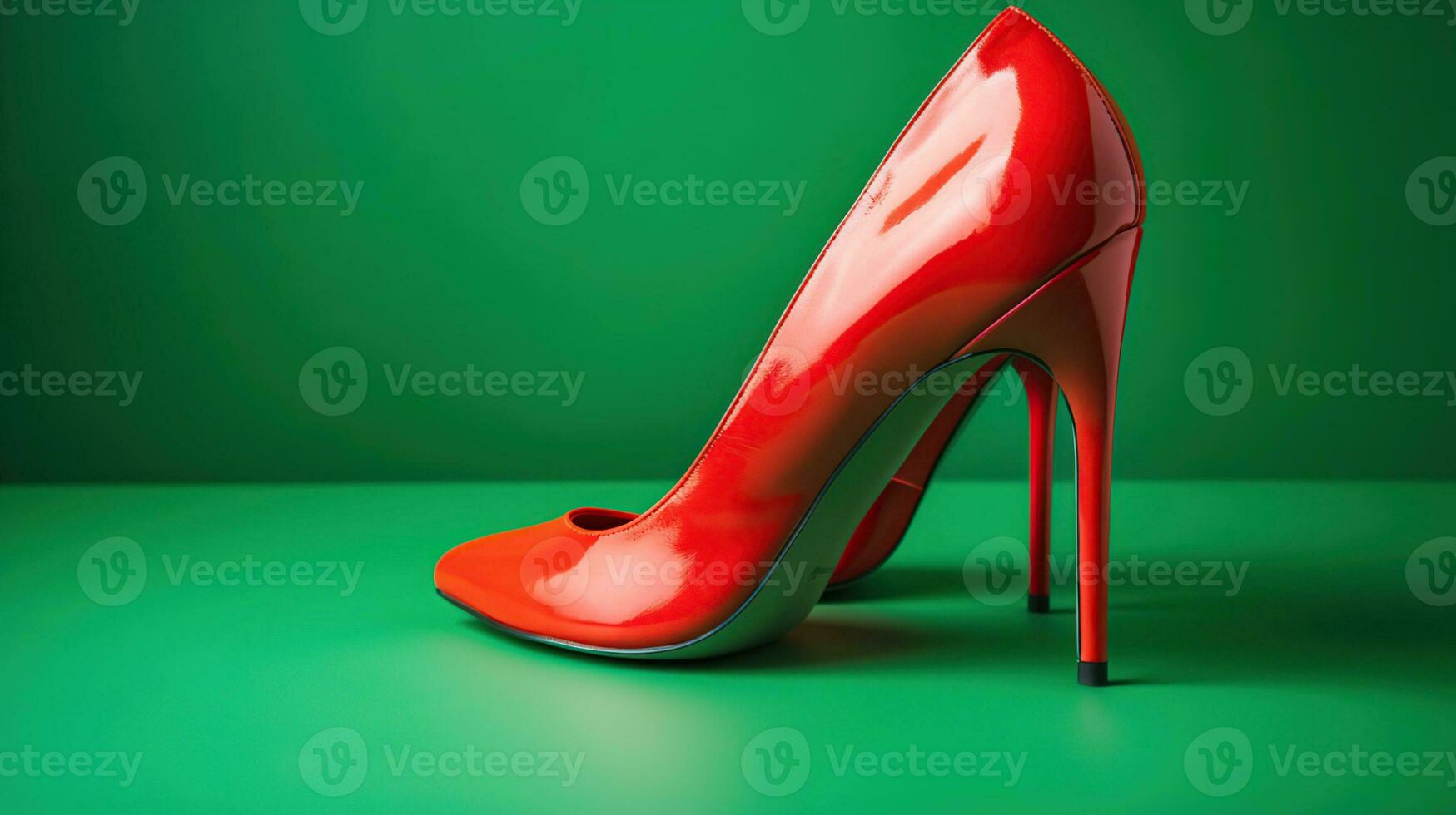 Red high heels isolated on a bright green pastel background. Fashion concept, catwalk. A modern and fashionable shoe store, generative ai photo