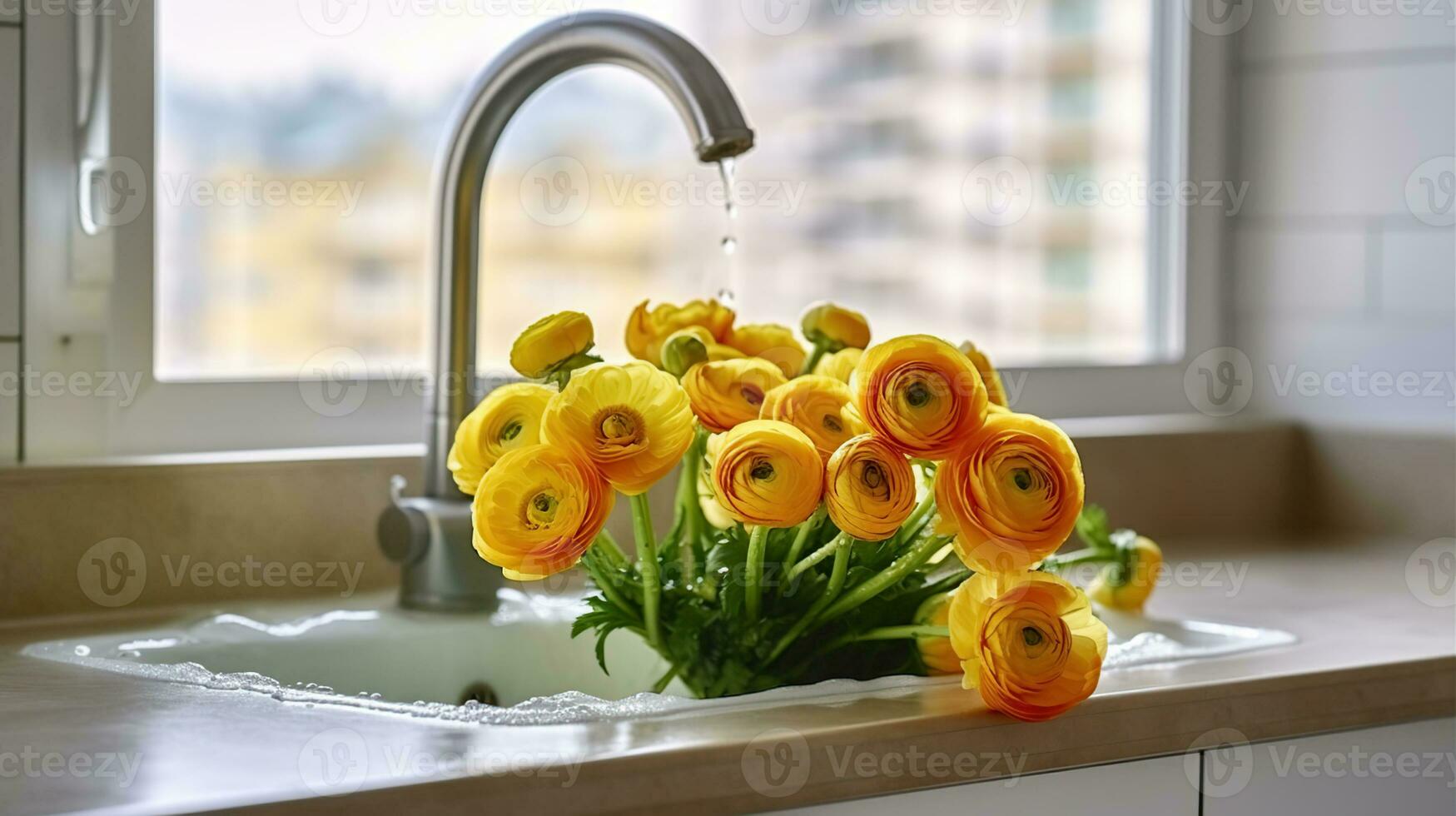 Beautiful lush bouquet of yellow ranunculus flowers on a marble kitchen counter under the window. Buttercups in the sink with running water. Close up, copy space, background, AI Generative photo