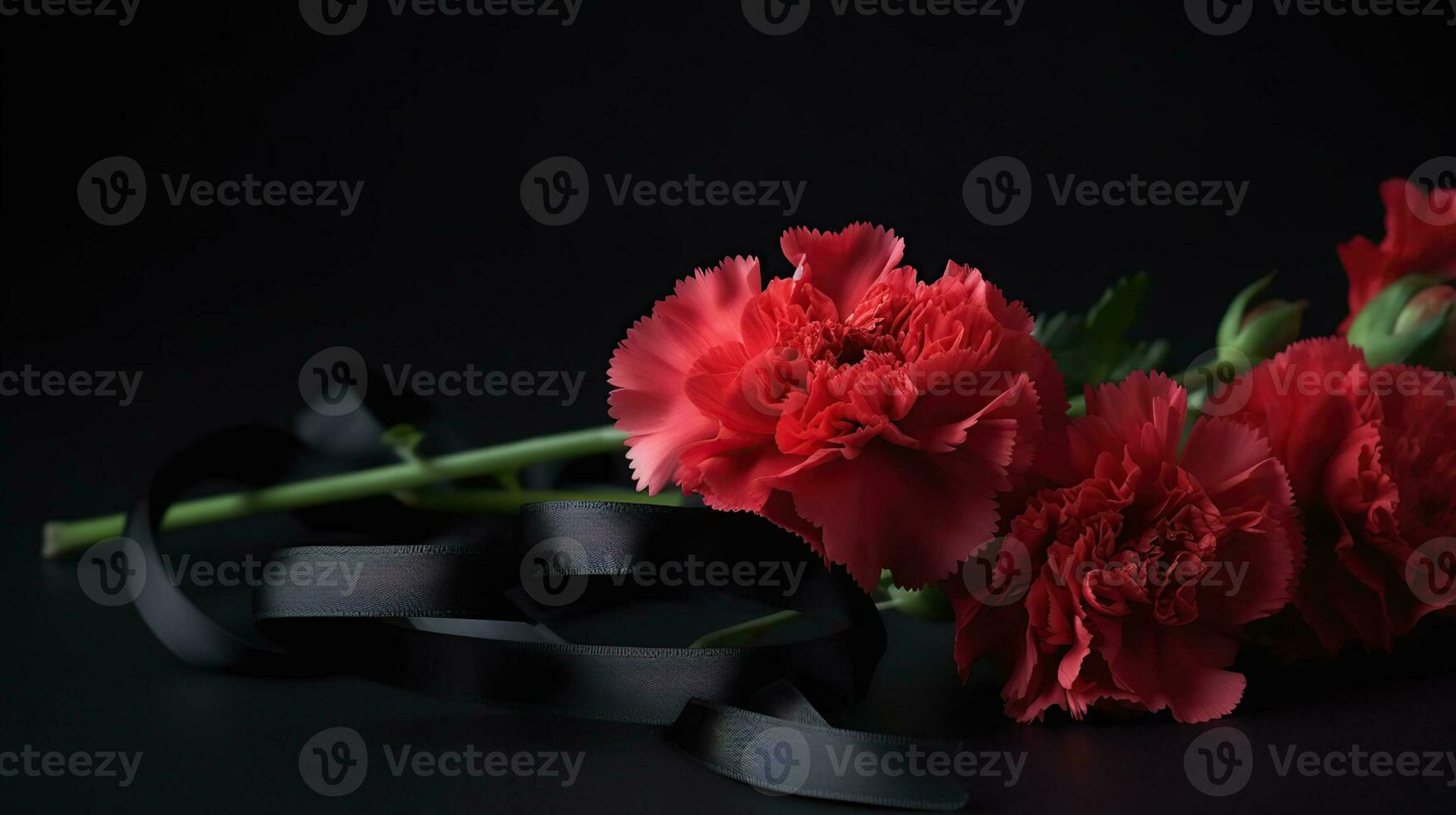 Black funeral ribbon with carnation flowers on dark background, AI Generative photo