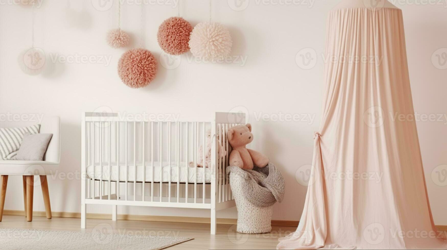 White woolen blanket and pastel pink pompom placed on a wooden crib with canopy in bright baby room interior with poster on the wall, Generative AI photo