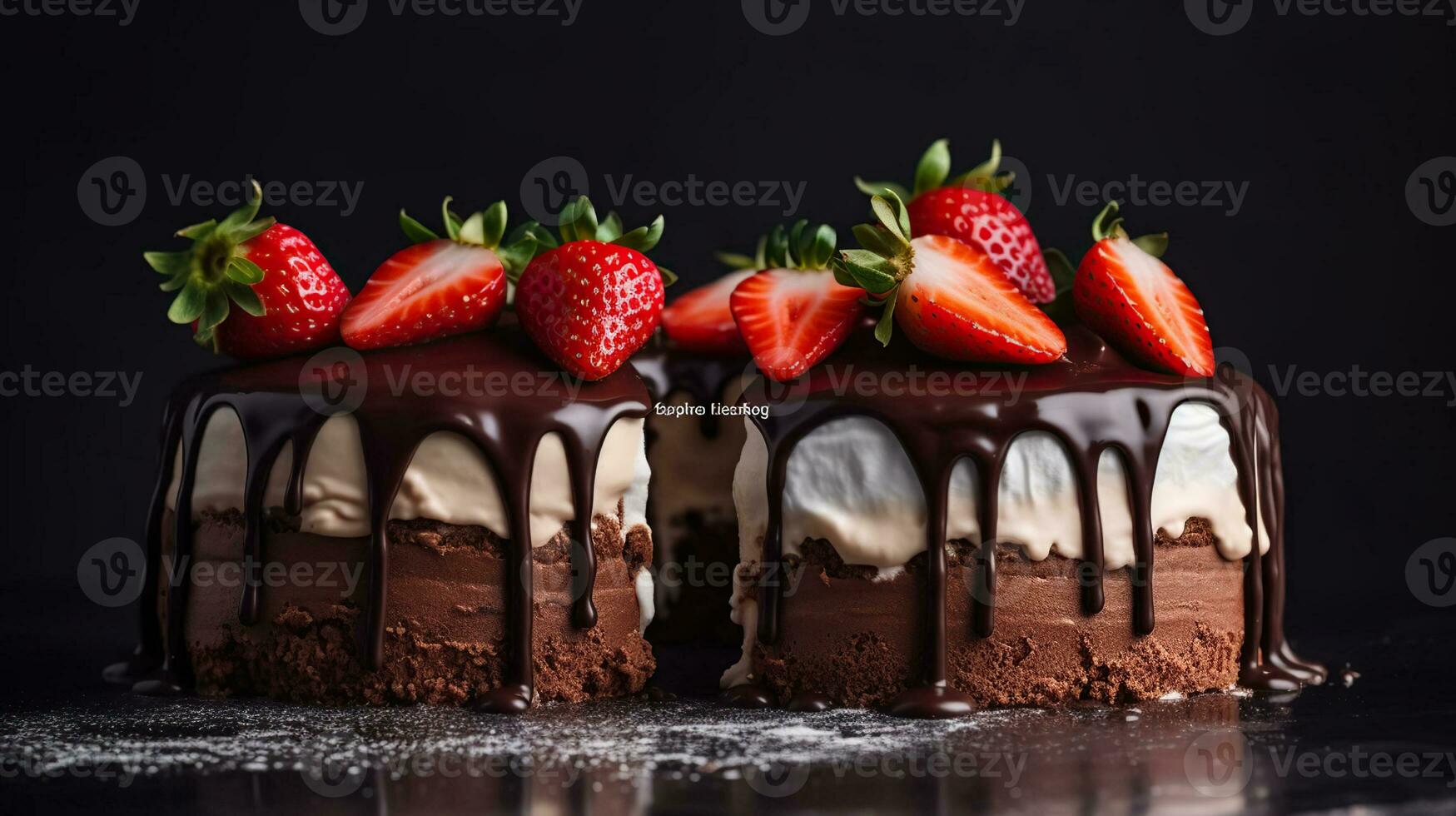 Three chocolates cake with chocolate drips on a black background. Generative AI photo