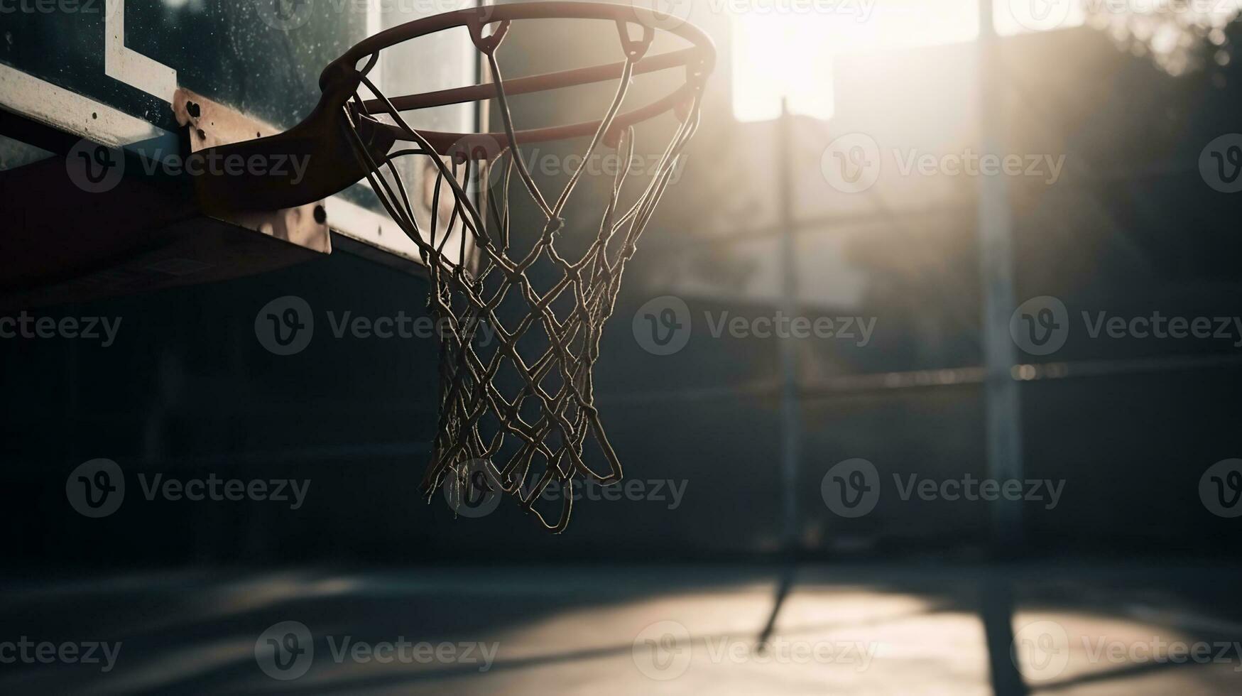 Basketball going through the basket at a sports arena, generative ai photo