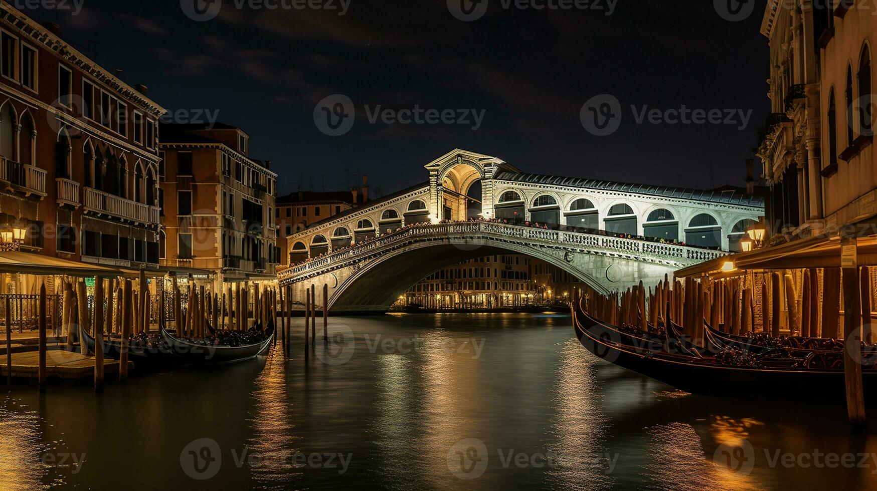 Rialto bridge and Grand Canal in Venice, Italy. View of Venice Grand Canal with gandola. Architecture and landmarks of Venice. generative ai photo