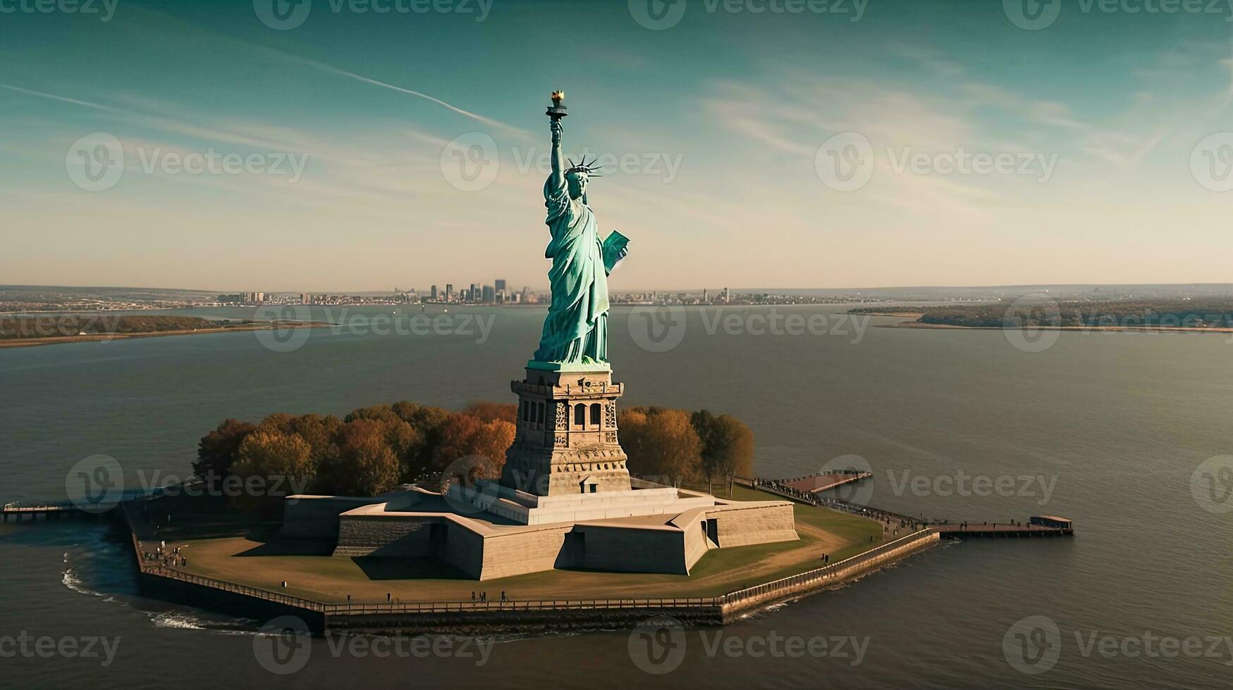 aéreo ver de famoso sitio hermosa punto de referencia el estatua de libertad en nuevo York Estados Unidos . generativo ai foto