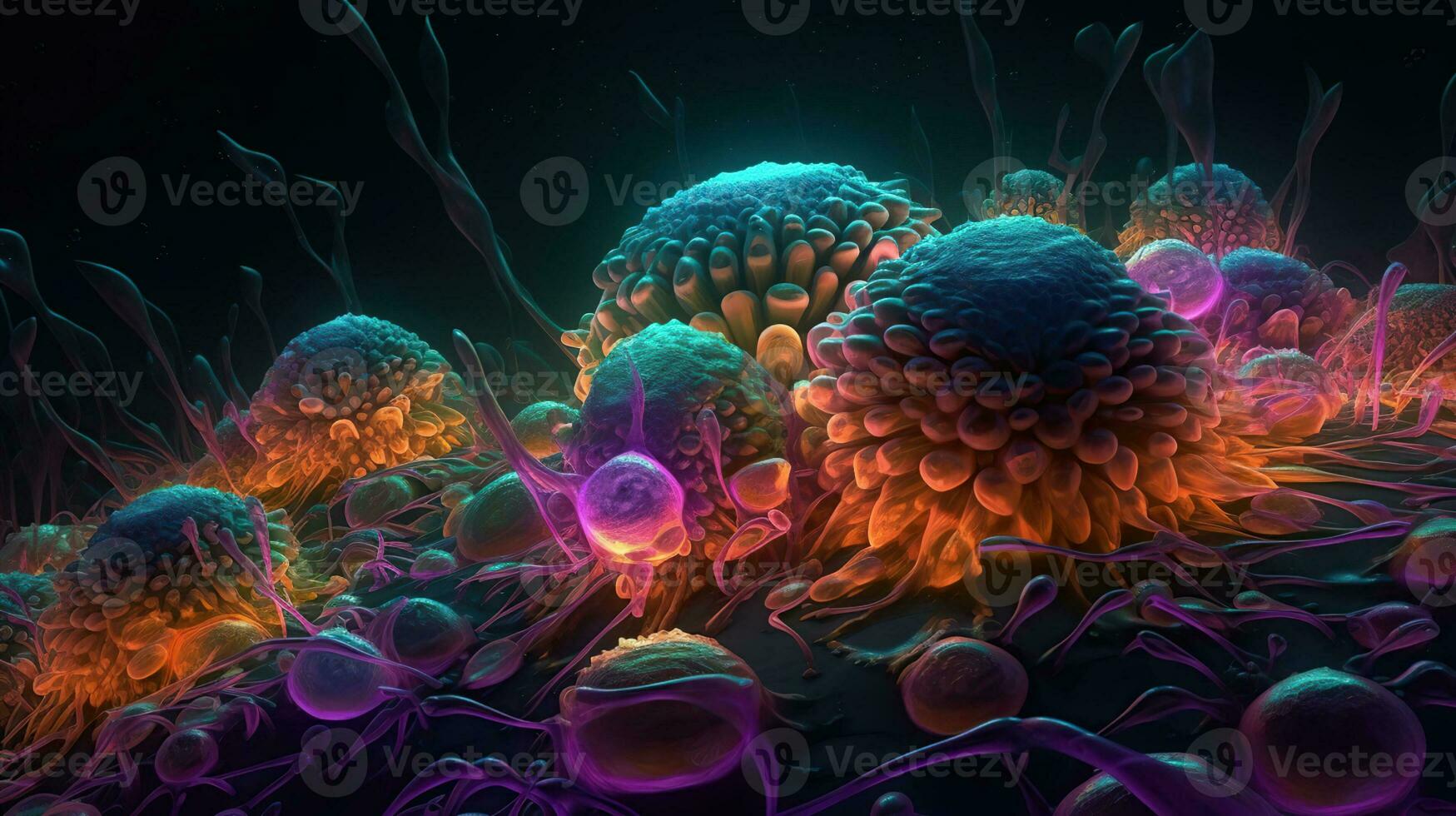 Cancer cells, malignant cells under microscope, 3D illustration, extreme DMT trip, AI Generative photo