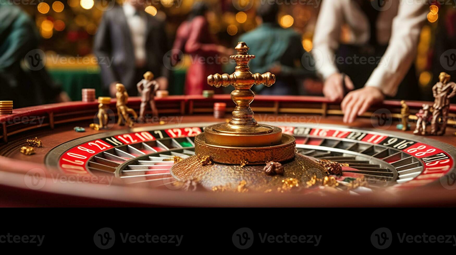 el casino ruleta con personas jugando un ruleta, en el estilo de rojo y oro, generativo ai foto