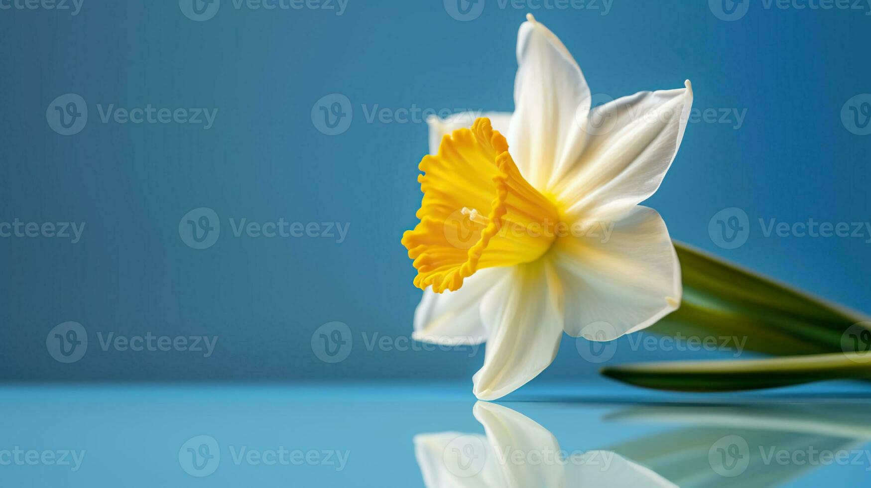 Yellow white daffodil, narcissus, jonquil flower close up on bright blue background with copy space for text. Generative AI photo