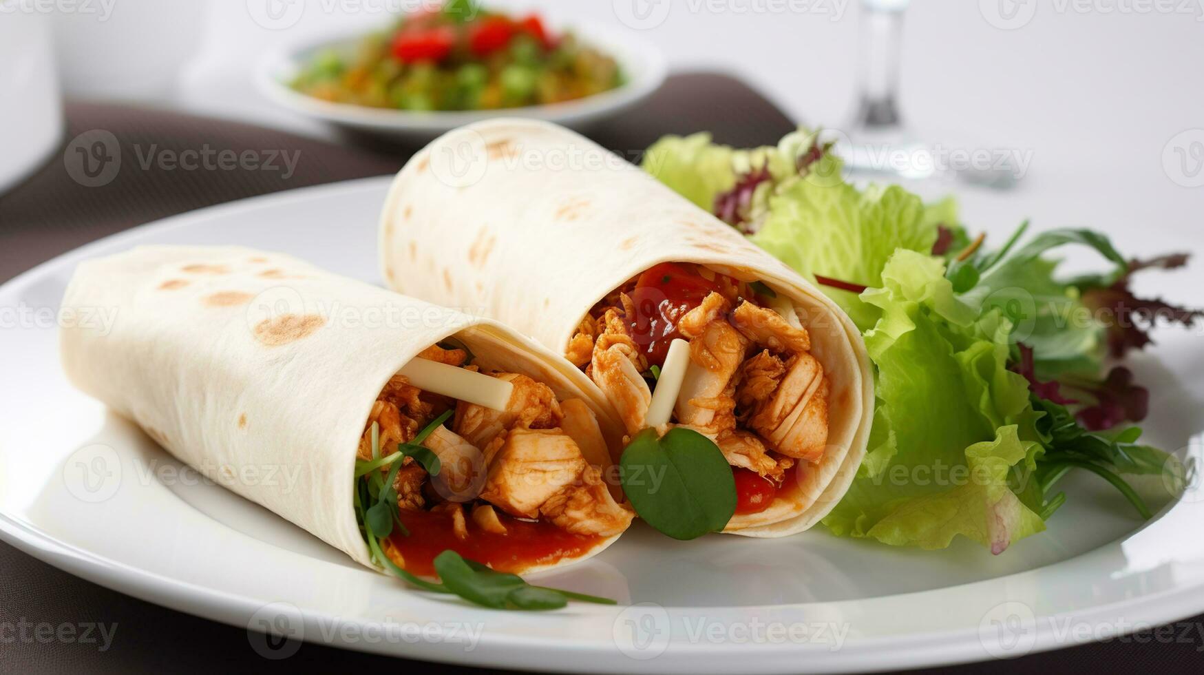 Spicy mexican chicken fajita wraps on a white plate with side serving of spicy salsa, and fresh salad. Photo has short depth of field, generative ai