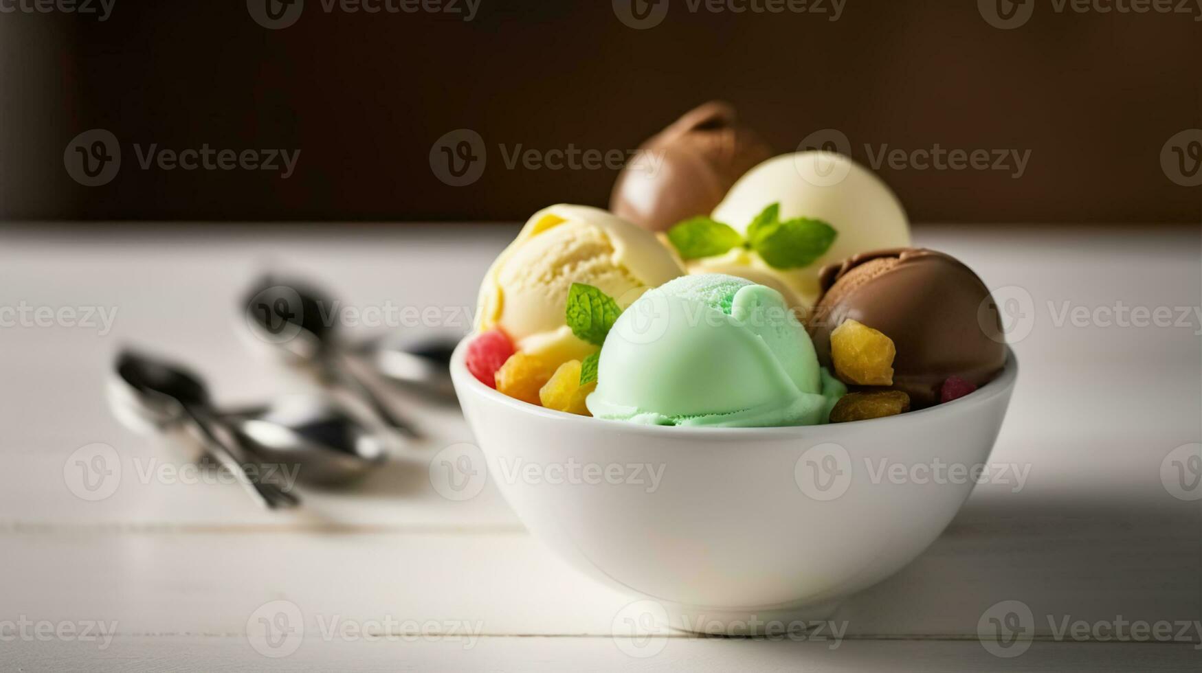 Colorful ive cream scoops in white bowl, copy space. Generative AI photo