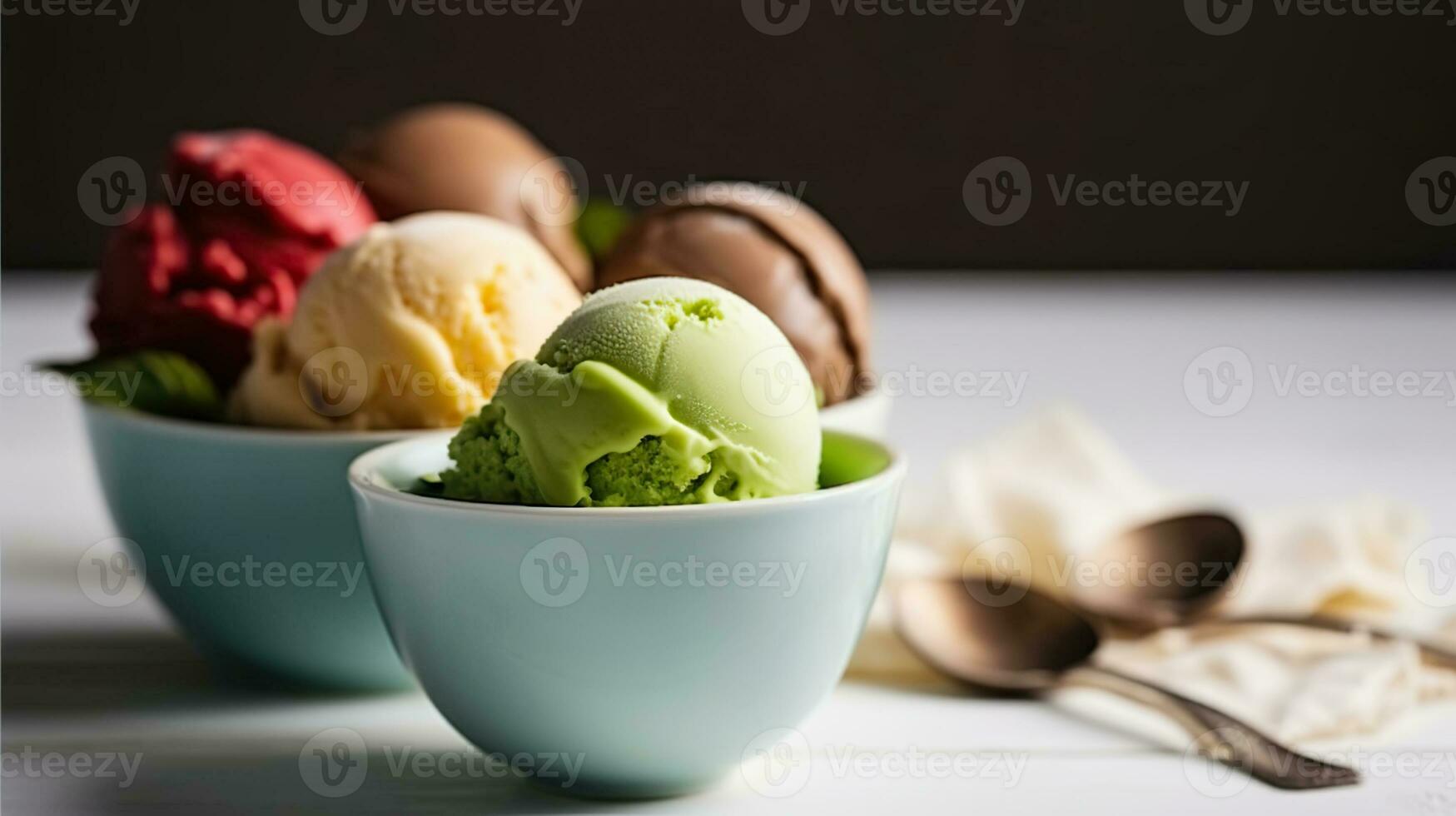 Colorful ive cream scoops in white bowl, copy space. Generative AI photo