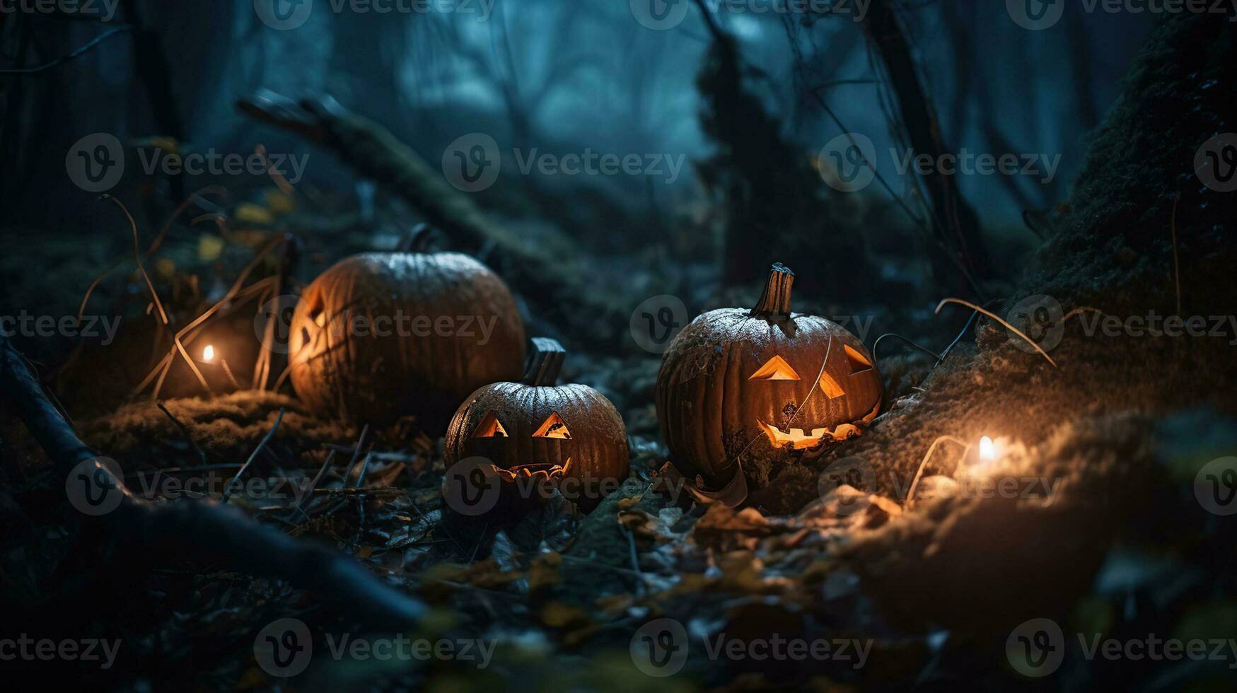 Halloween pumpkins in the forest. Generative AI photo