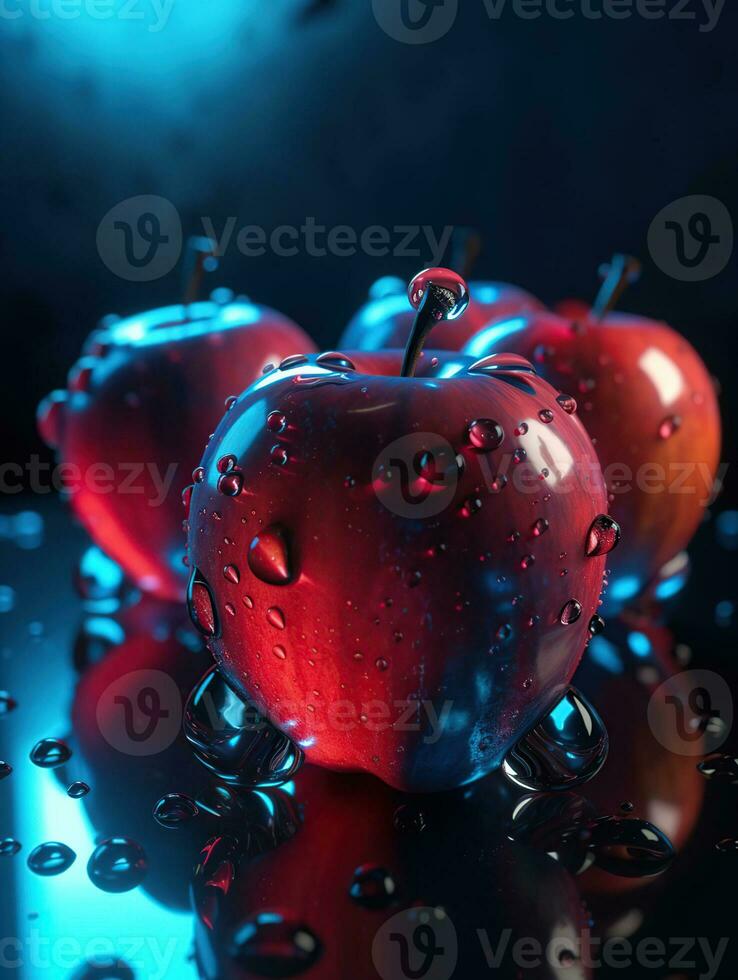 Beautiful Spectral Light, A bunch of Red Apple, apple petals Blue Light Glinting on, Background is Blue,water drop reflection light, generative ai photo
