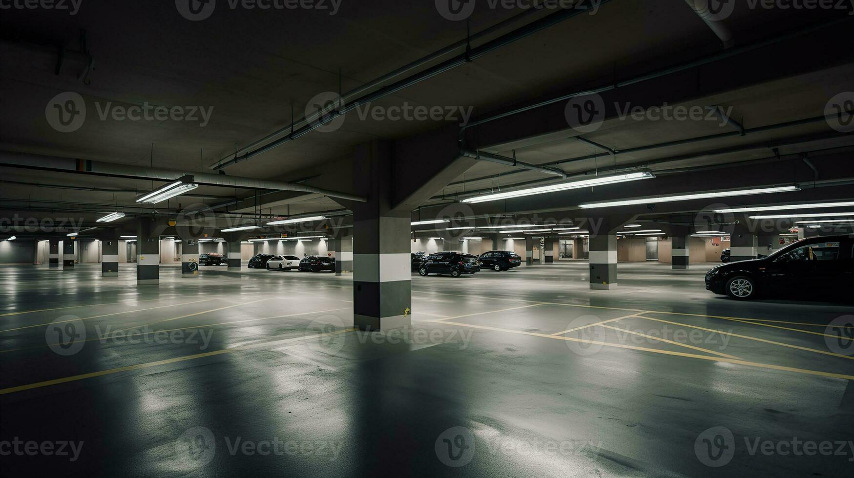 Empty car parking garage with lighting and columns, generative ai photo