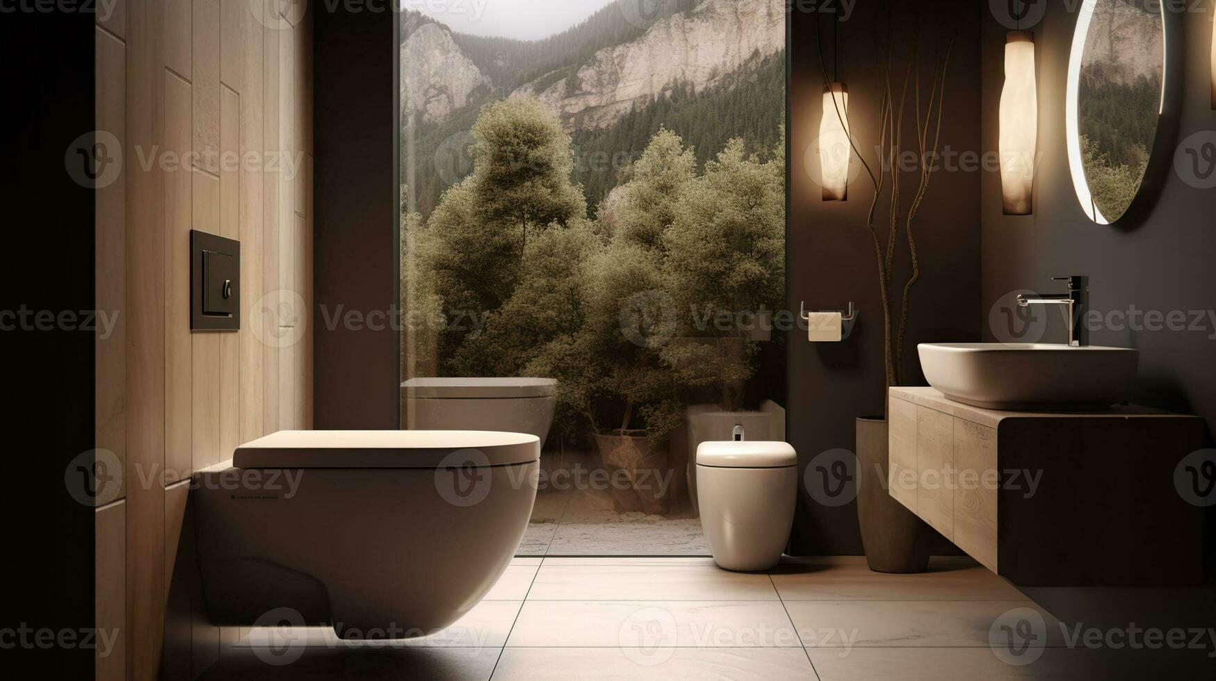 A Wall mounted smart closet tool in bathroom, in the style of organic nature - inspired forms, realistic rendering, mountainous vistas, traditional. Generative AI photo