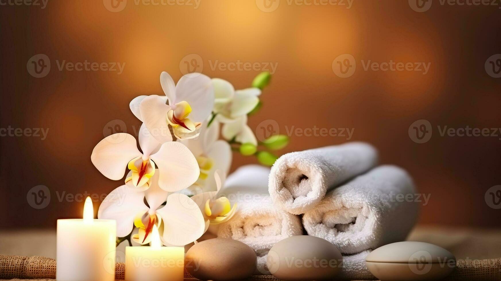 Spa still life with spa stones, burning candles and orchid. Generative AI photo