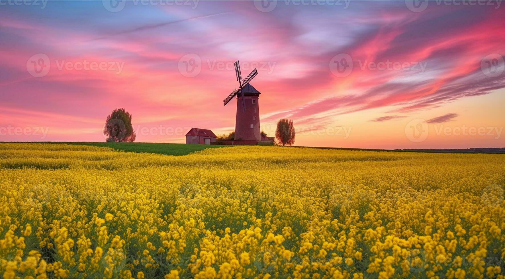A Pre-Sunrise Journey Through Windmills and Beautiful Rapeseed Fields, Generative AI photo
