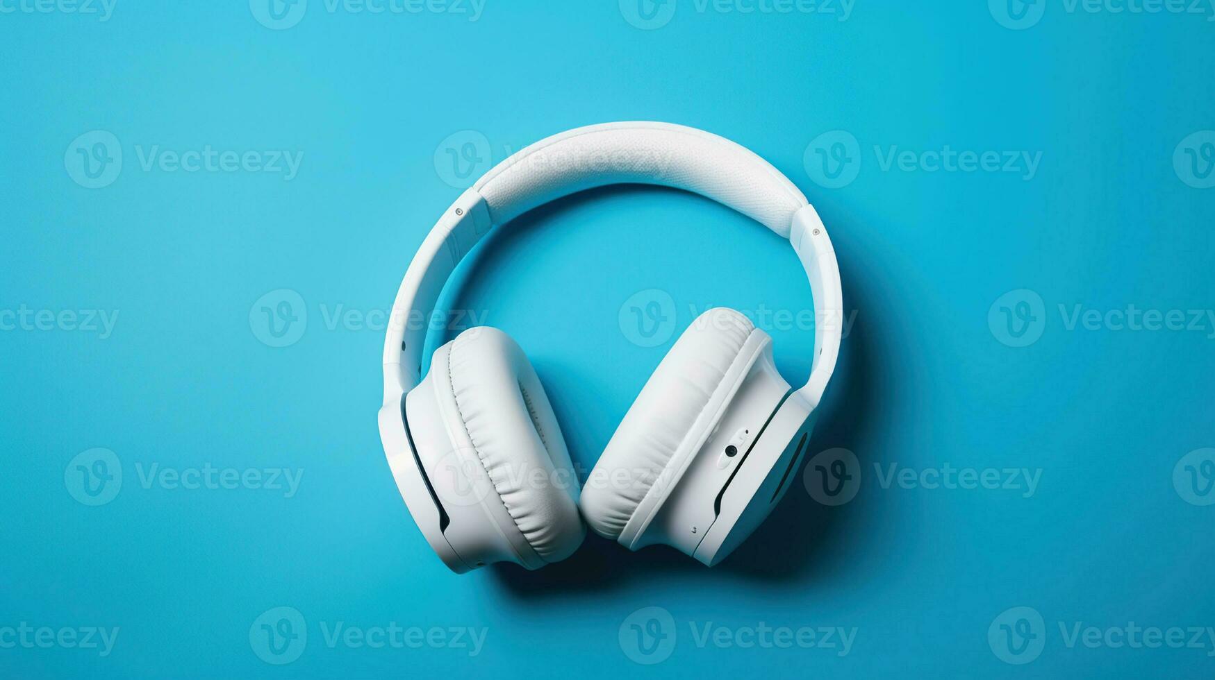 Minimalistic top view composition with white headphones on bright Blue background with a lot of copy space for your text. Close up, flat lay. AI Generative photo