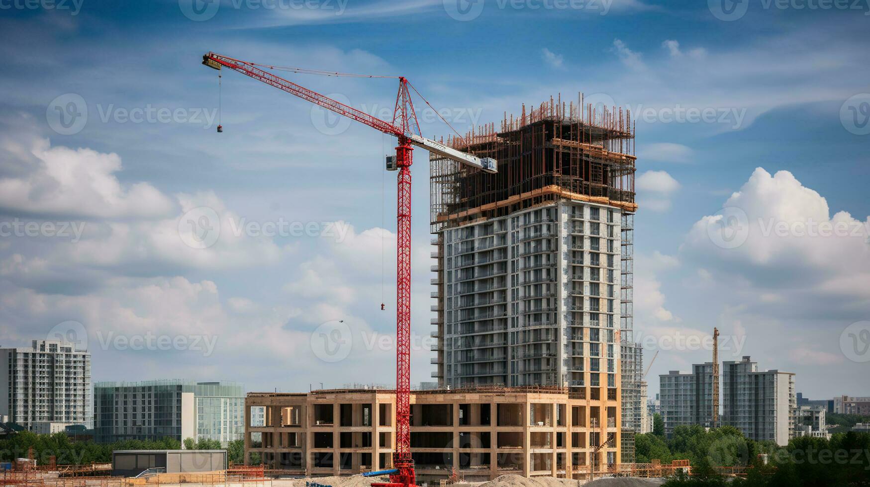 The Crane tower in construction site of a high-rise condominium, AI Generative photo