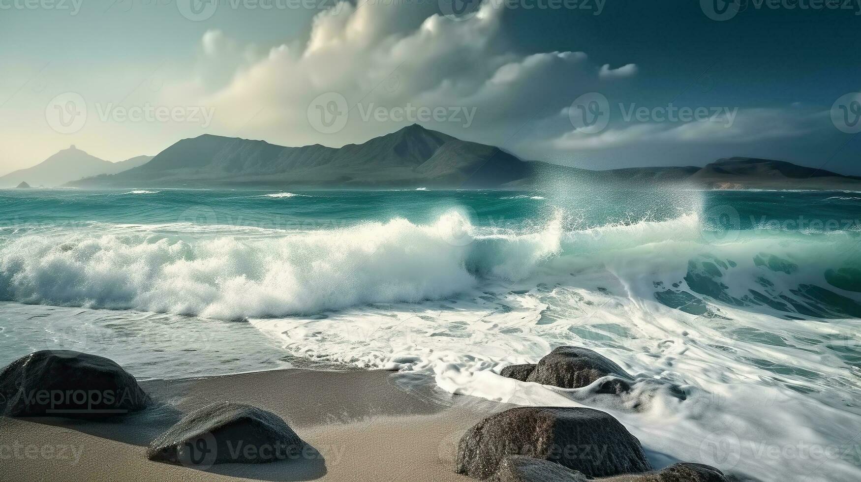 A painting of waves crashing on a beach with a mountain in the background. Generative AI photo