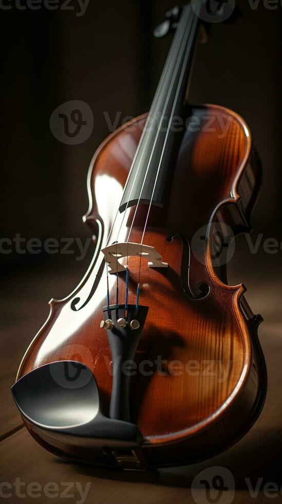 Close up of a violin on glass surface, generative ai photo