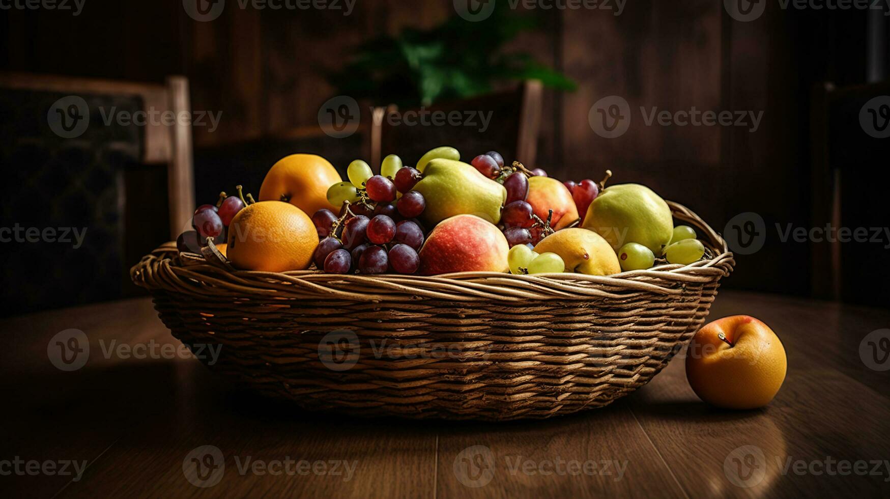 Basket and fresh fruits on wooden table, AI Generative photo