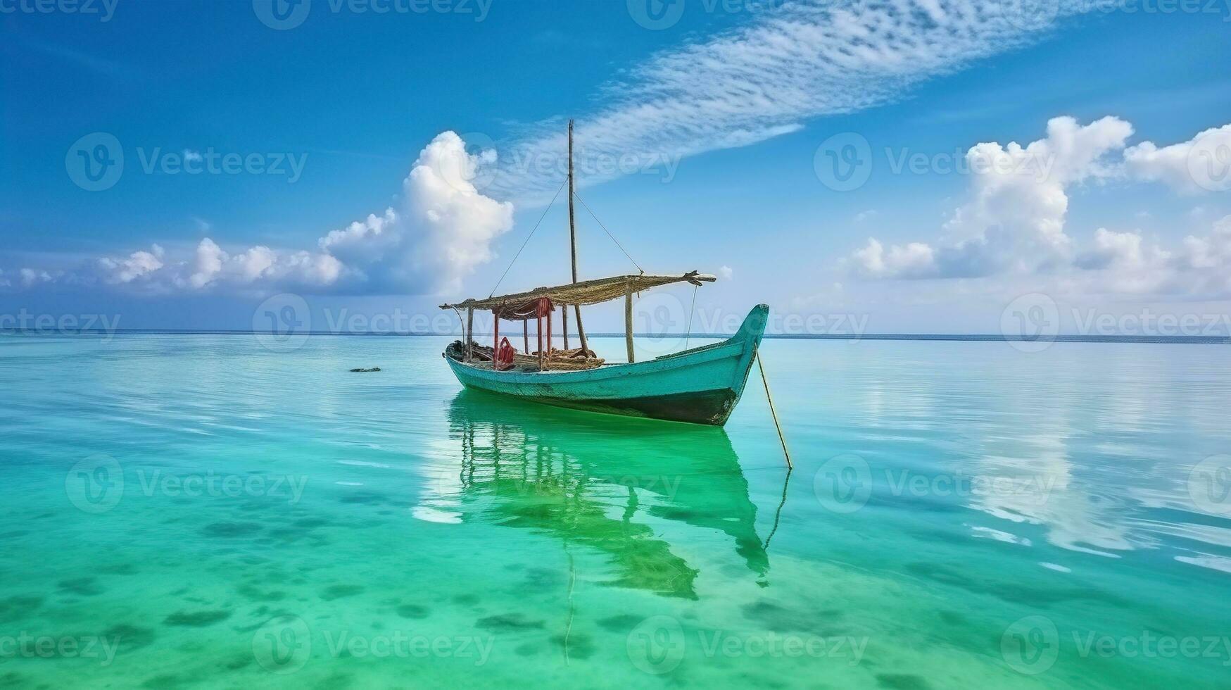 Serene Harmony in the Emerald Waters and Skies Enveloping the Lone Boat. Generative AI photo