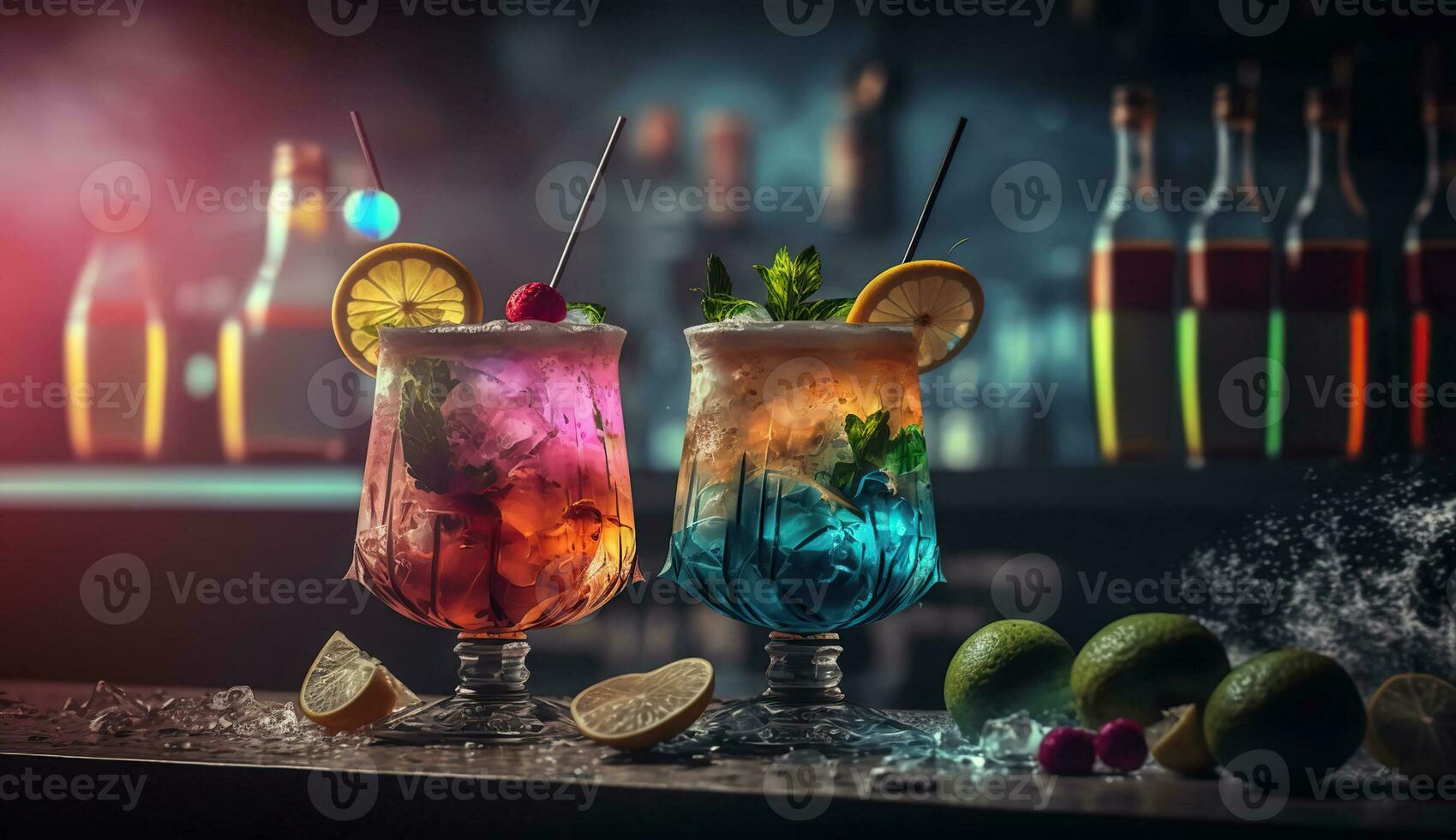 Cocktails drinks on the bar, blured background, AI Generative photo