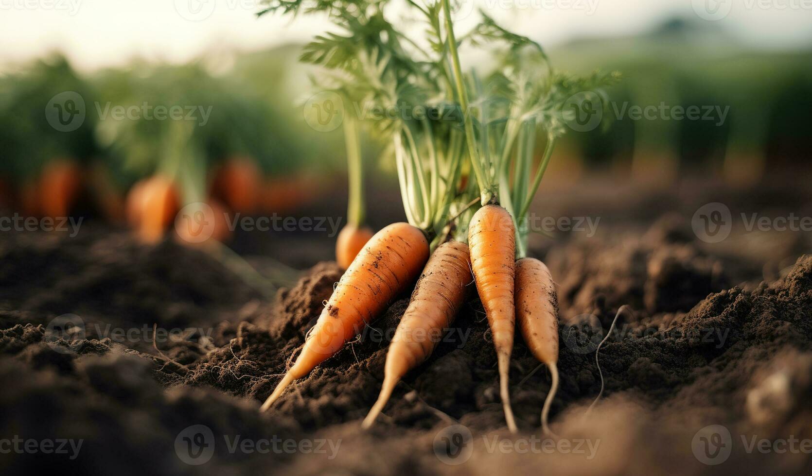 Freshly picked carrots on the soil in a field of a farm. Agriculture and vegetables farming concept, Generative AI photo