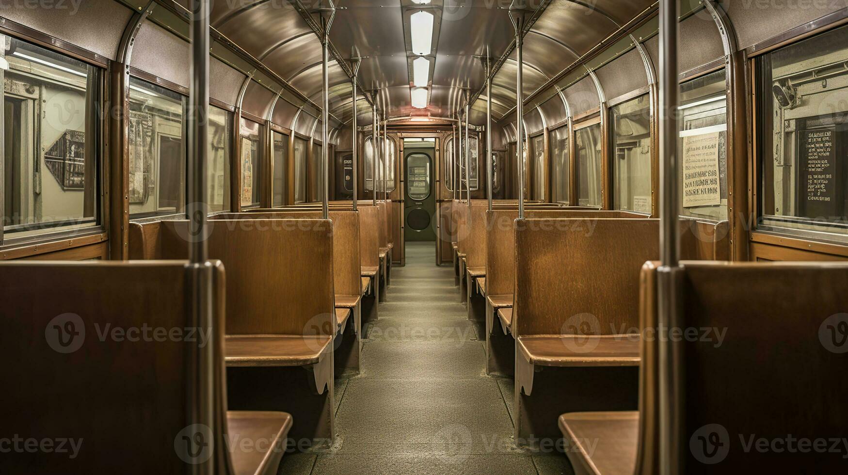 A subway car filled with lots of wooden benches, mirrored, AI Generative photo