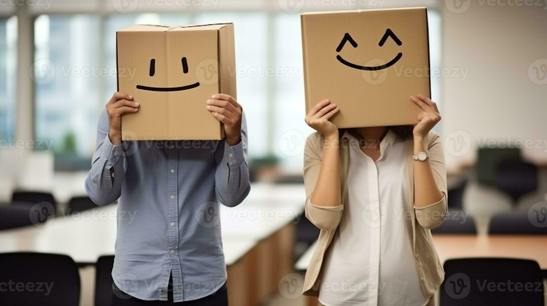 Business man and businesswoman covering face with cardboard box showing happy and sad face. Generative AI photo