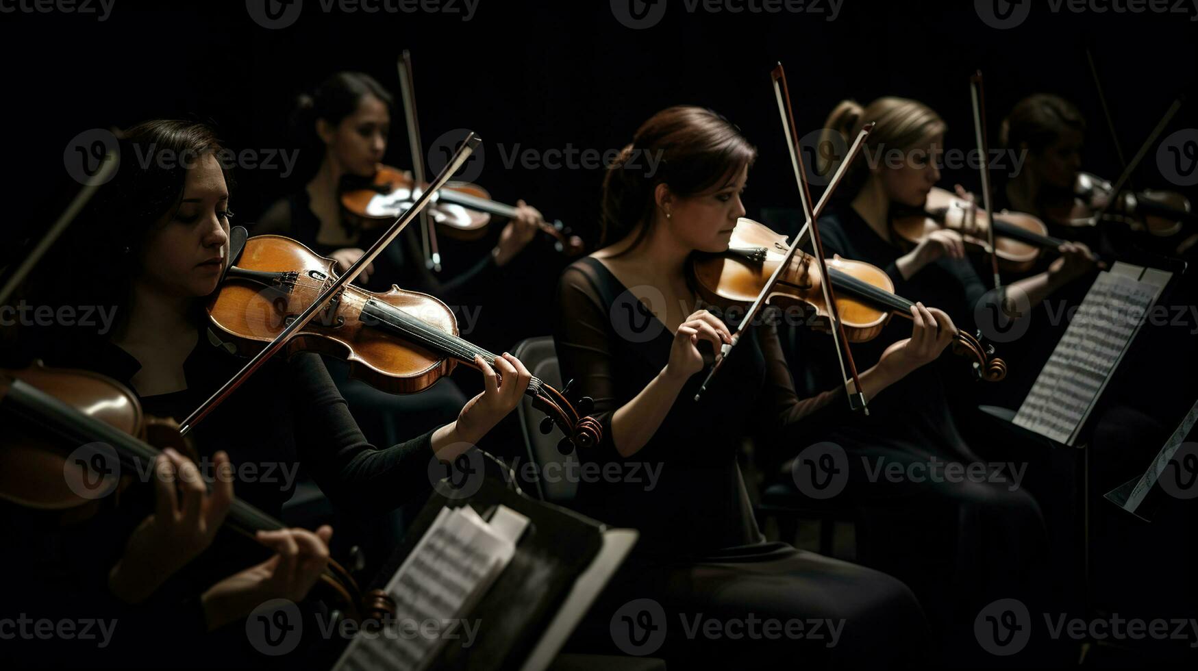 Symphony orchestra first violin section performing on dark background, generative ai photo