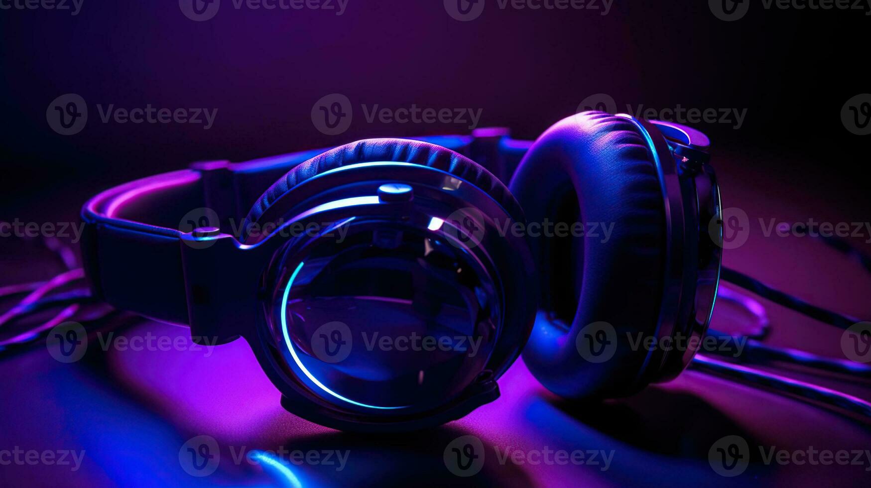 Neon blue head phones in 3D purple rays background. AI Generative photo