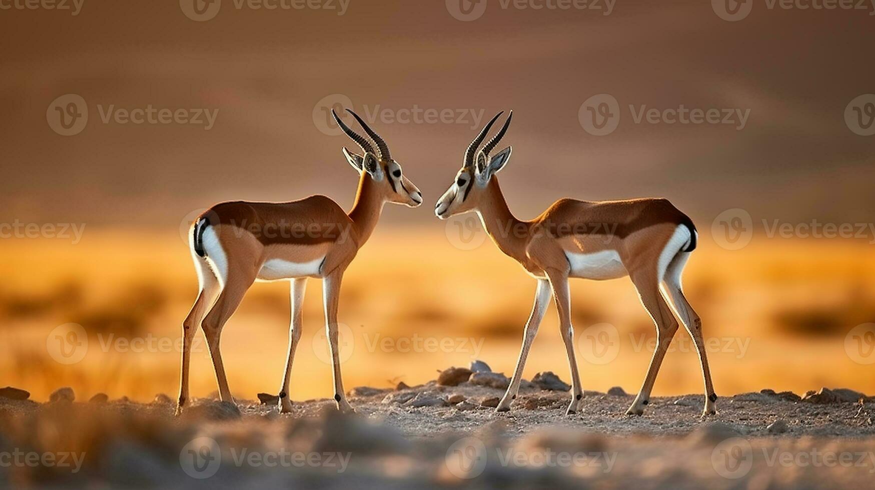 Springbok antelope, Antidorcas marsupialis, in the African dry habitat, Sunset on safari. Fight of deer, Generative AI photo