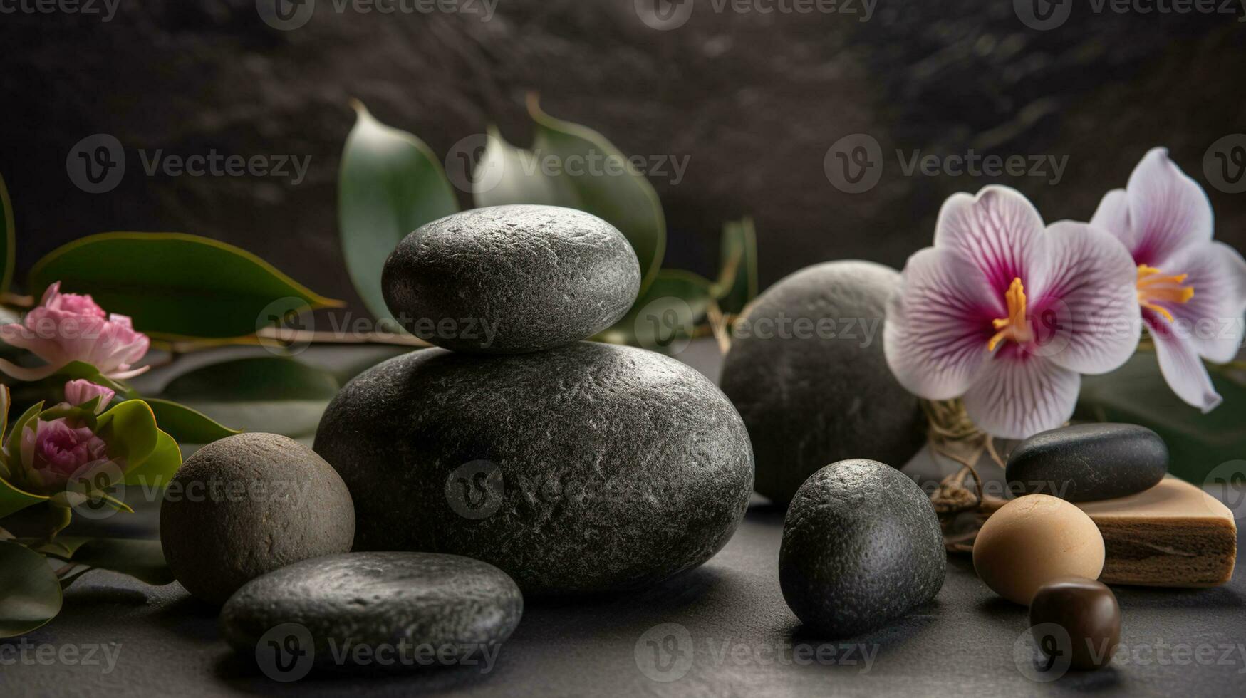 Composition with symbolic objects for spa salon. Stone therapy attributes for cosmetic procedures. Conceptual image, rocks and flowers representing balance. Close up, AI Generative photo
