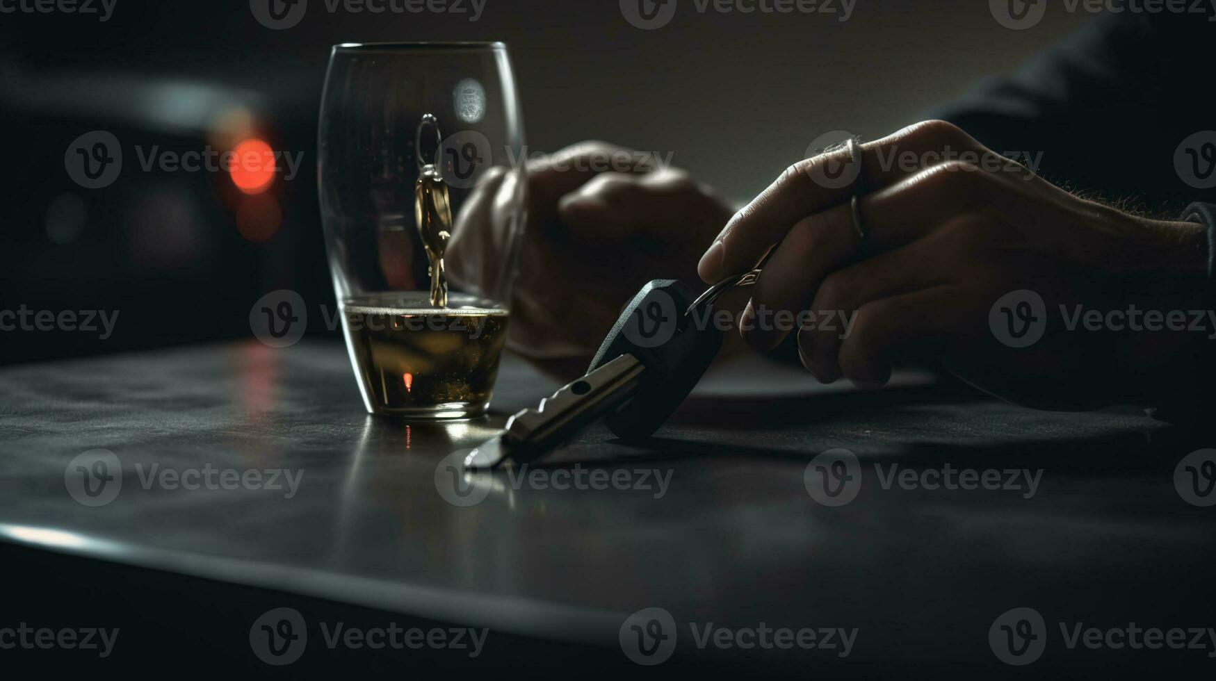 Close up view of man with car key and alcoholic beverage. Don't drink and drive concept, AI Generative photo