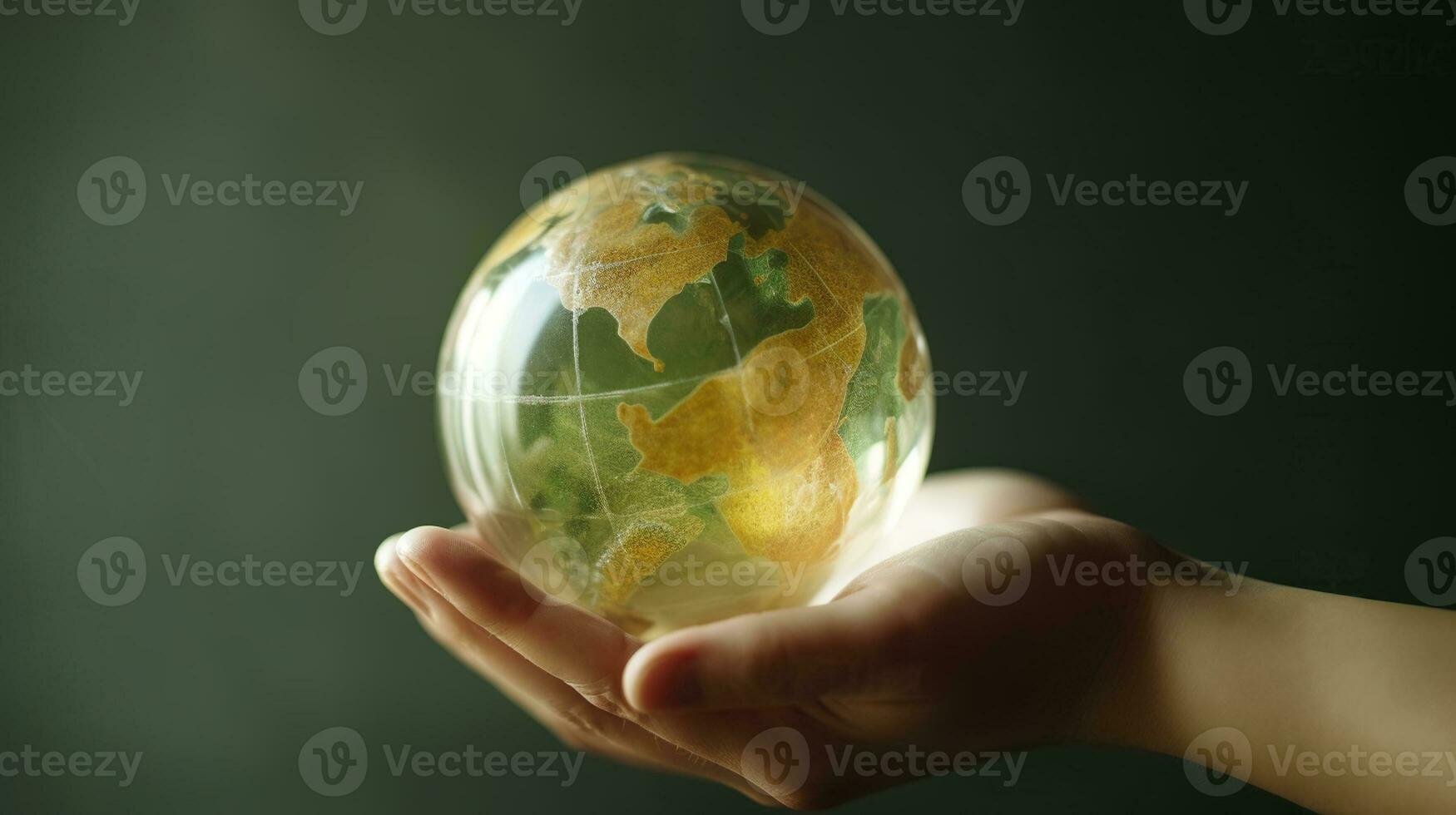 Hand holding a green earth globe, in the style of light amber, organic modernism, sharp focus while maintaining a pleasing background blur. Generative AI photo