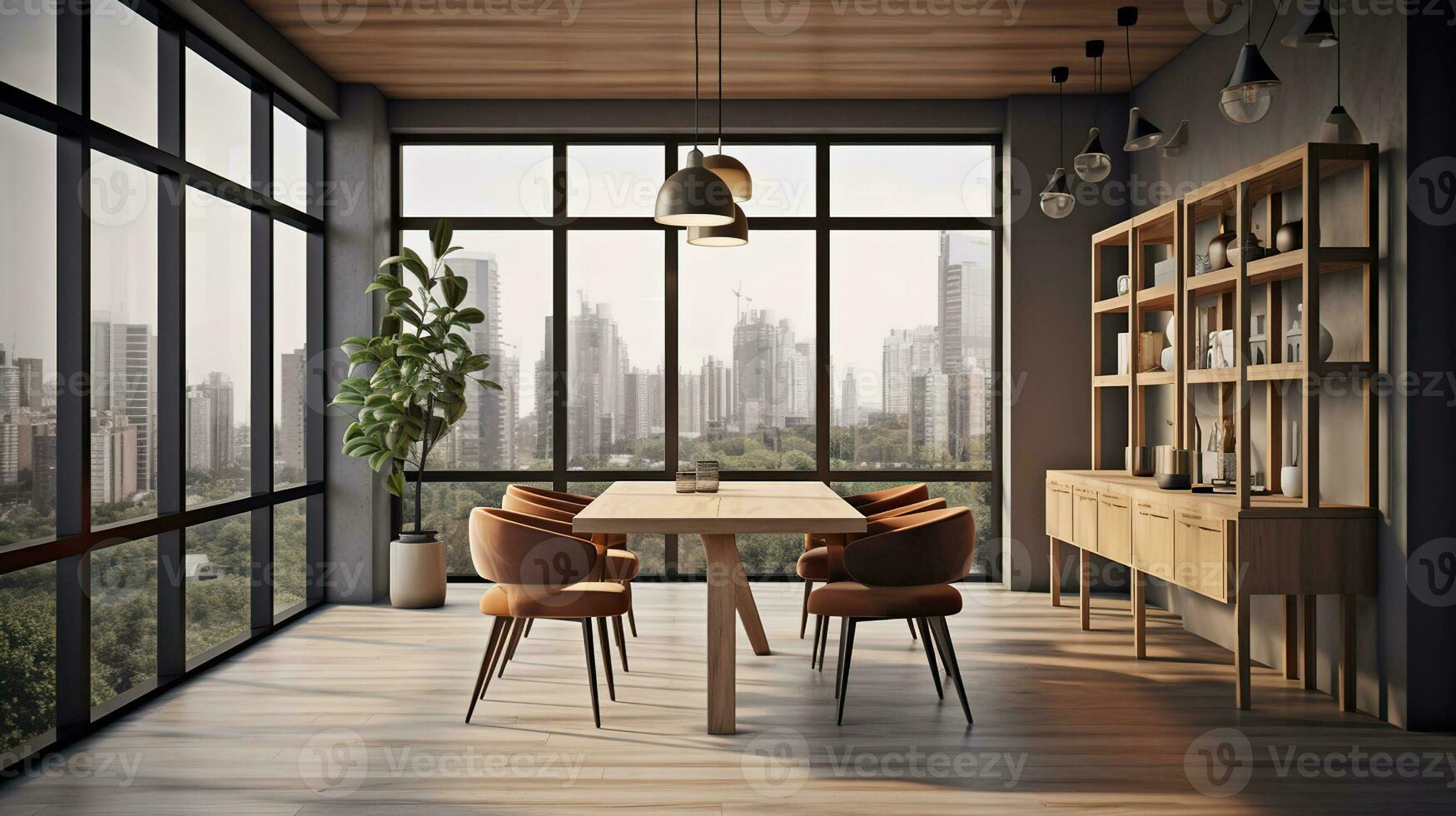 Clean luxury wooden and concrete coworking office interior with windows and city view, carpets, furniture and equipment. 3D Rendering. Generative AI photo