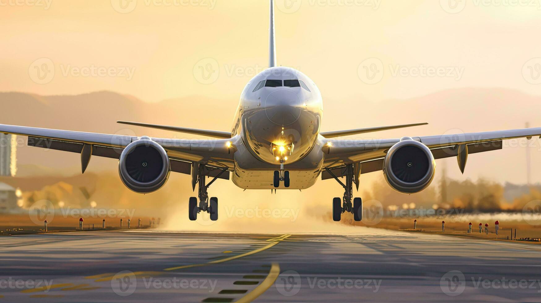 A large jetliner taking off from airport runway at sunset or dawn with the landing gear down and the landing gear down, as the plane is about to take off. Generative AI. photo