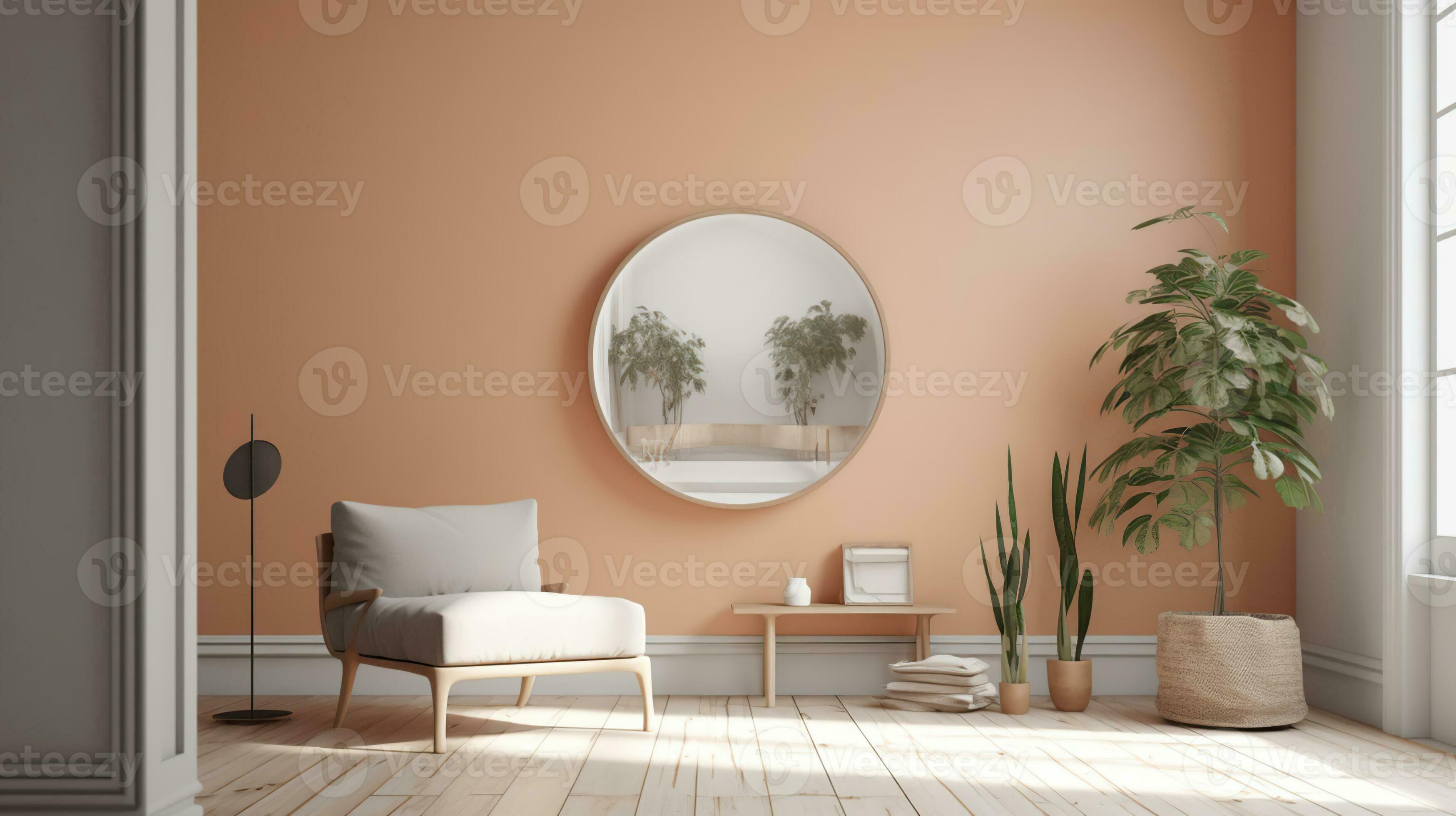 Minimal bright interior with round mirror on the wall. 3D rendering