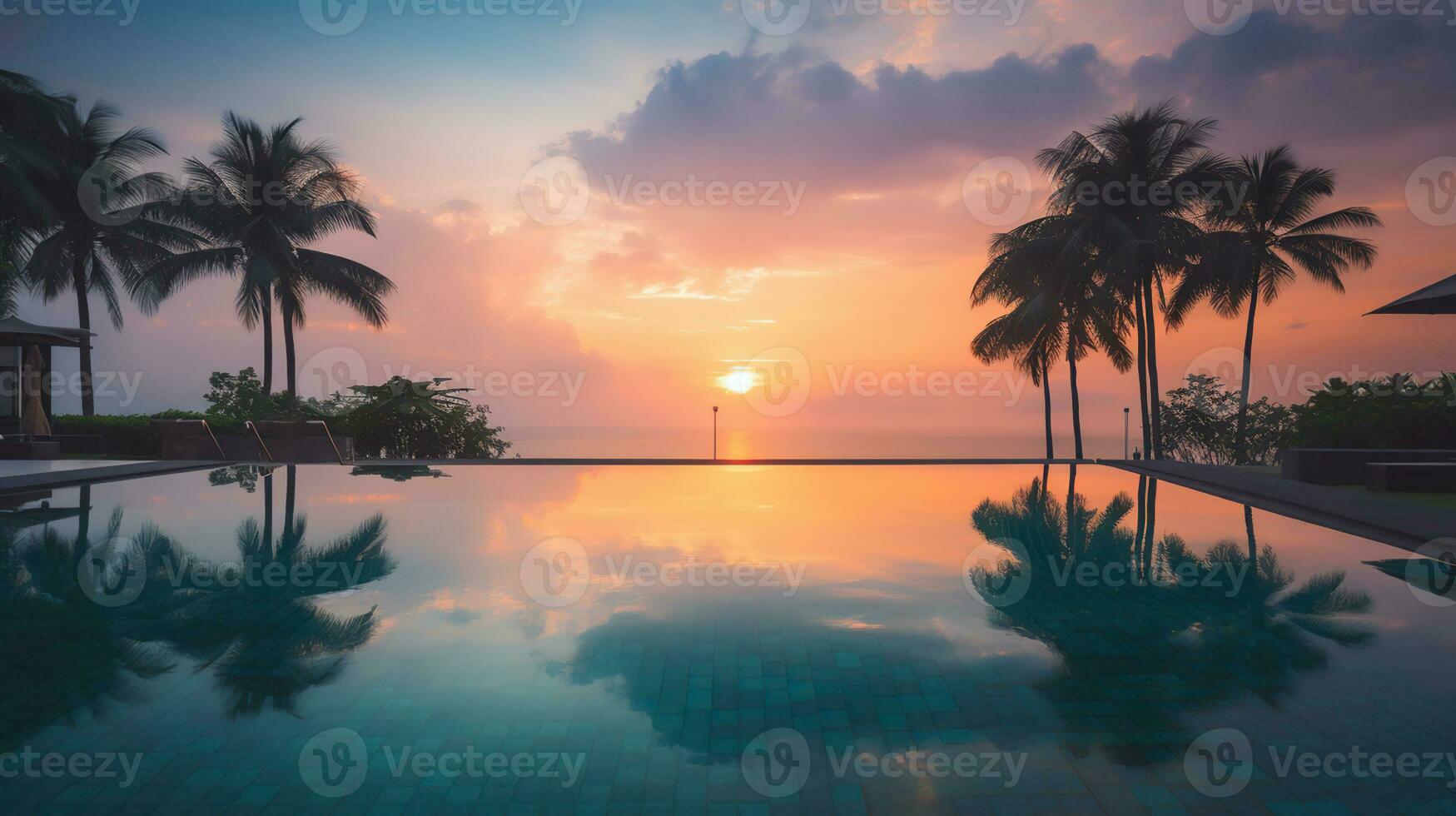 Outdoor luxury sunset over infinity pool swimming summer beachfront hotel resort, tropical landscape. Beautiful tranquil beach holiday vacation background. Generative AI photo