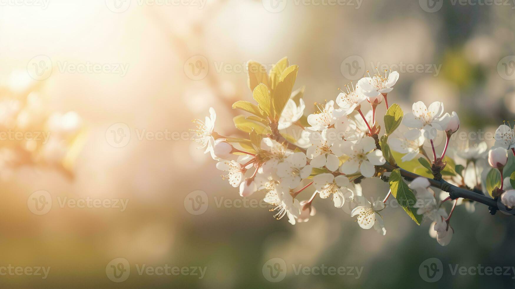 Beautiful nature scene with blooming tree and sun flare. Sunny day. Spring flowers. Beautiful Orchard. Abstract blurred background, generative ai photo